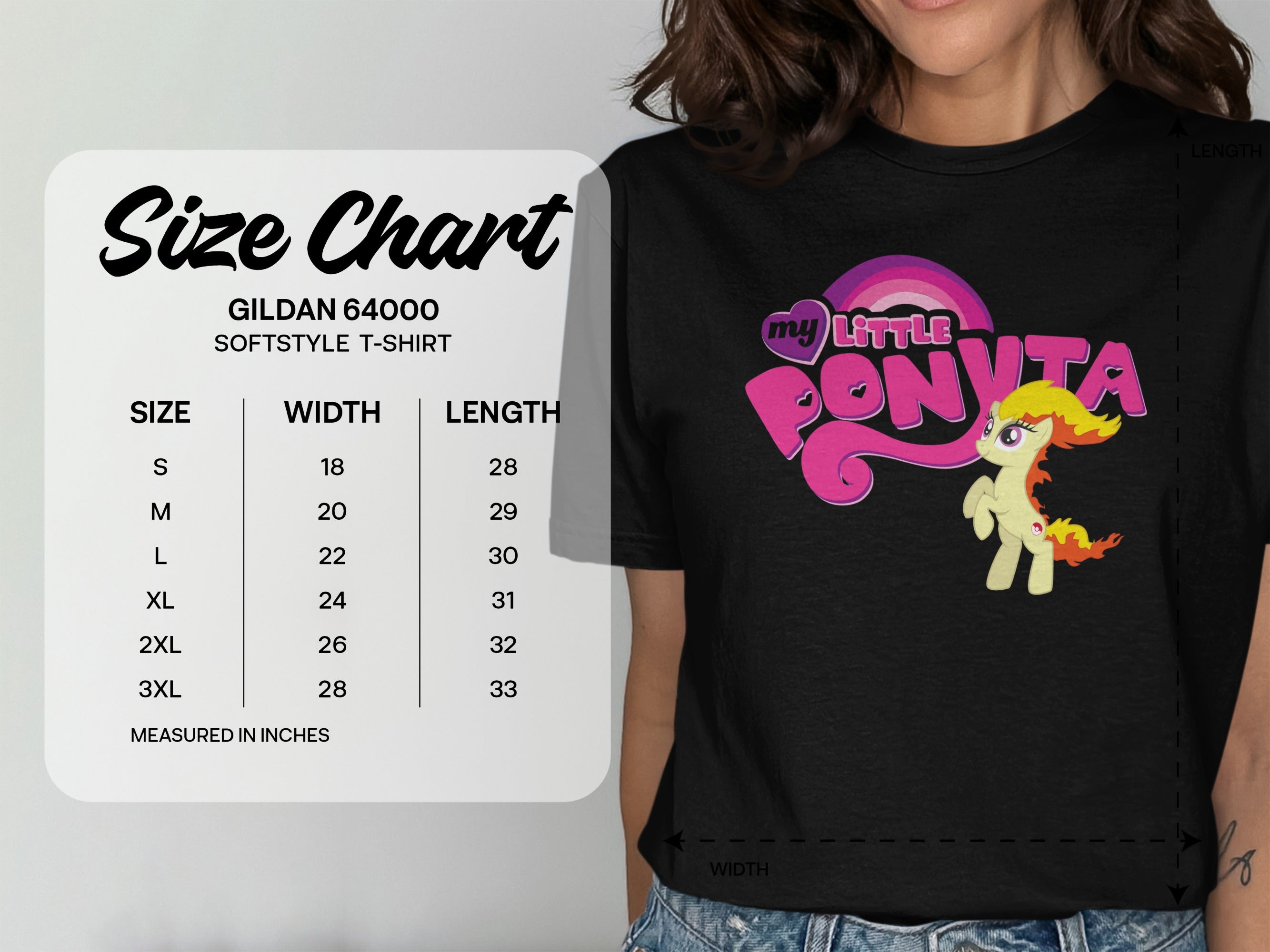 Gildan 64000 Softstyle T-shirt size chart with measurements in inches.