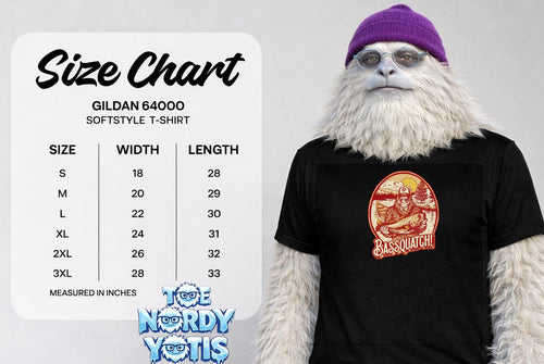 Gildan 64000 Softstyle T-shirt size chart with Bassquatch graphic.