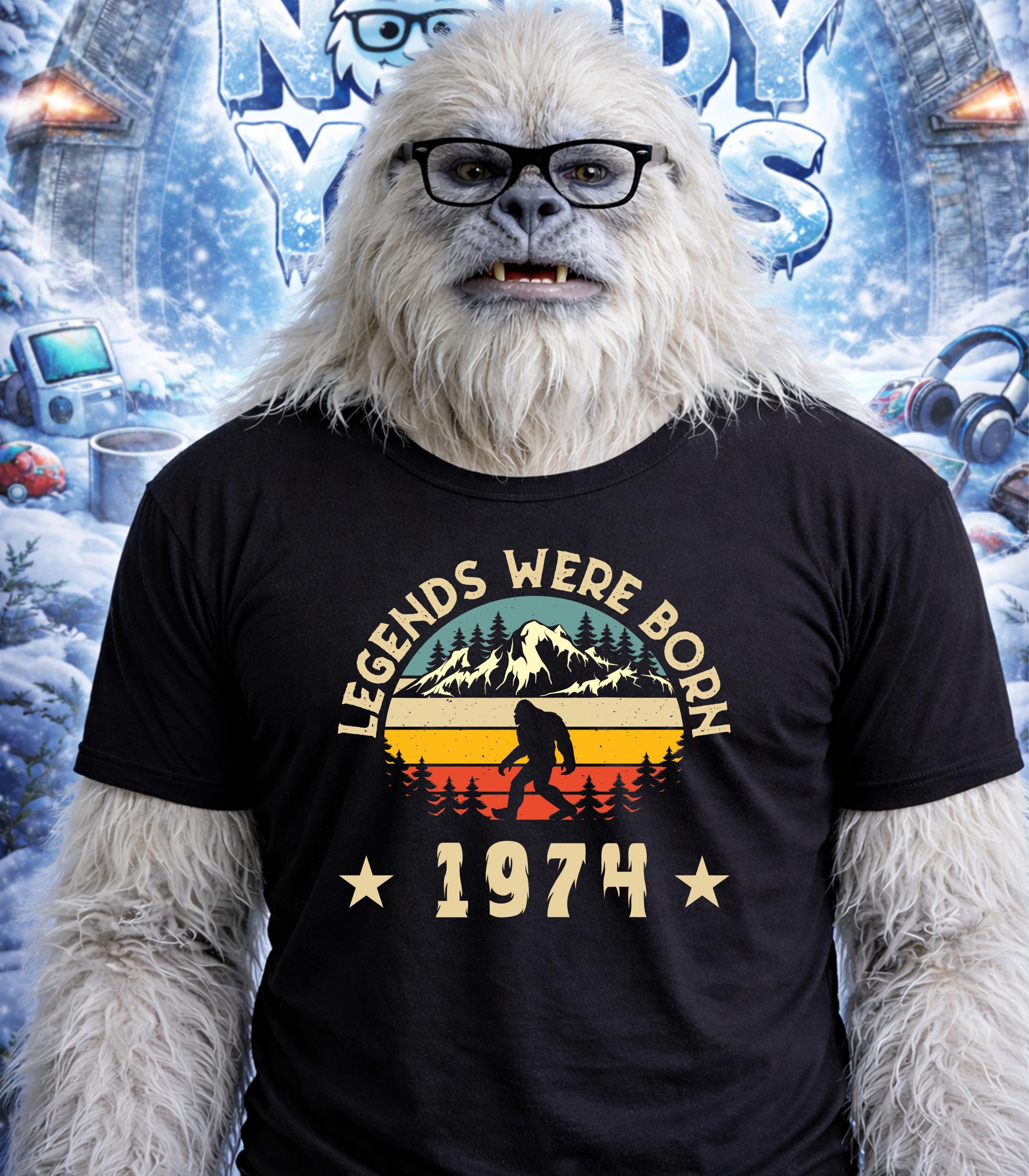 Yeti wearing glasses and a black t-shirt with "Legends Were Born 1974" text and mountain graphic.