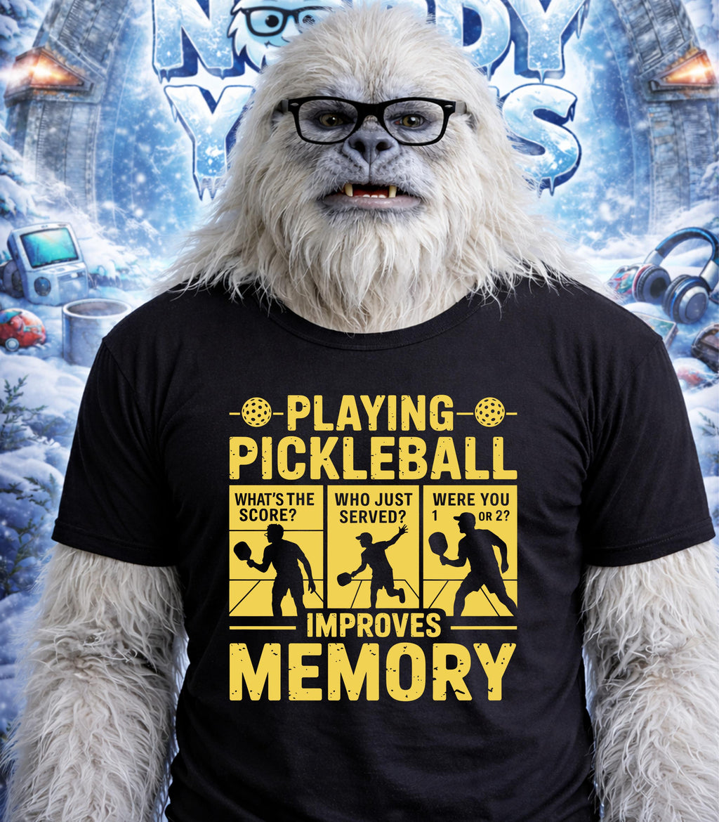 Yeti wearing t-shirt with pickleball graphic and text about memory.
