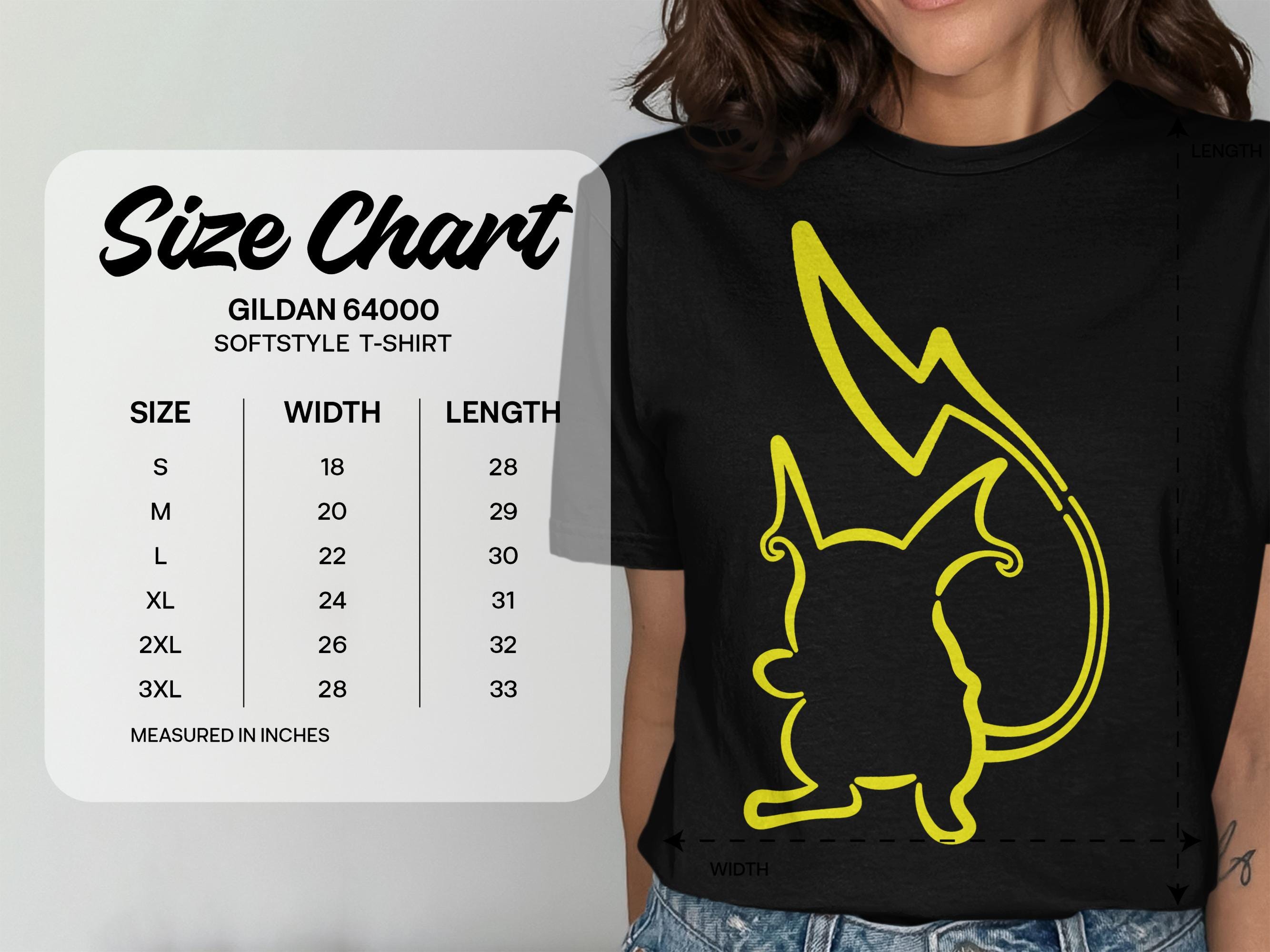 Gildan 64000 softstyle t-shirt size chart with measurements in inches.