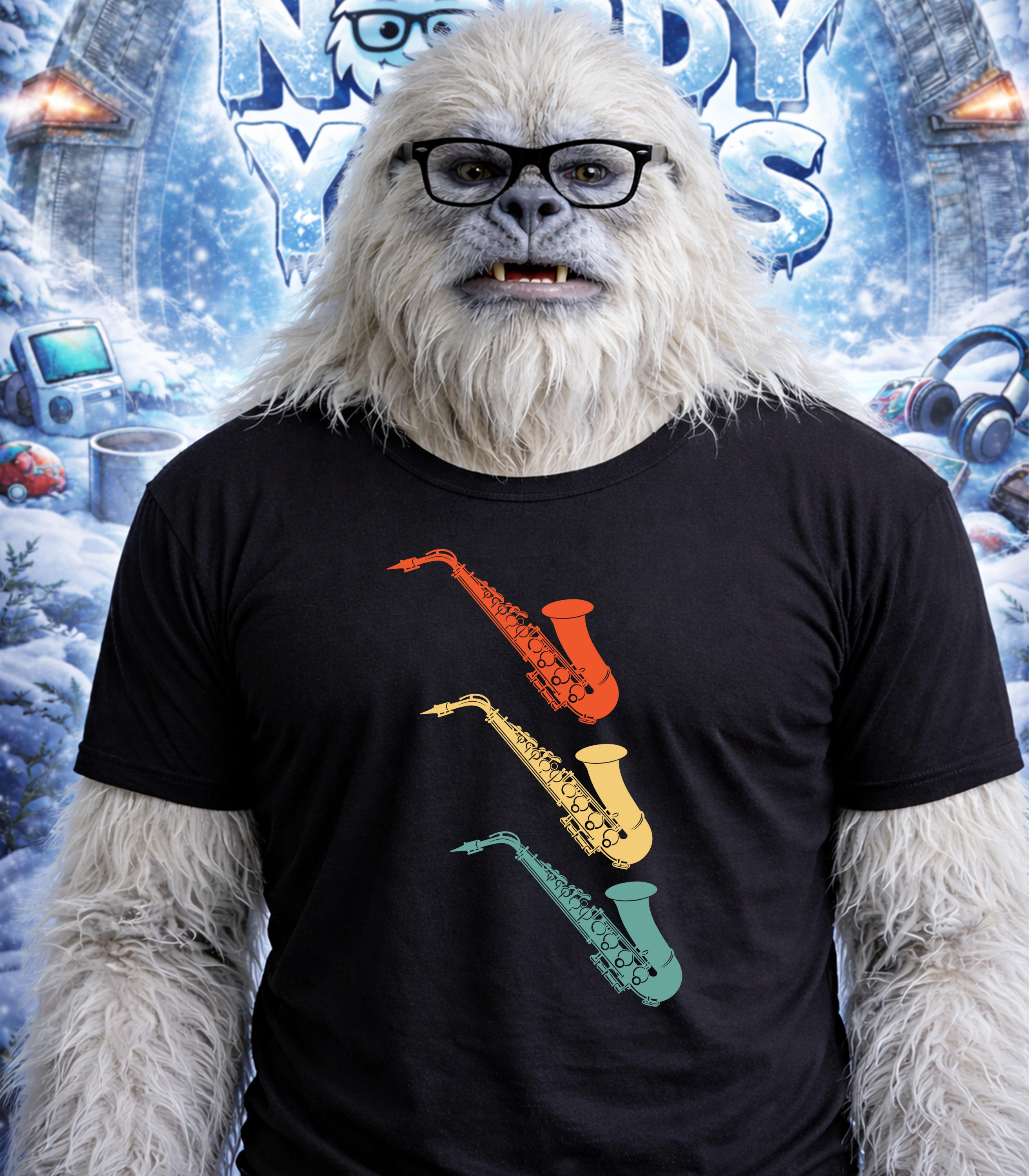 Yeti wearing glasses and black t-shirt with three colorful saxophones.
