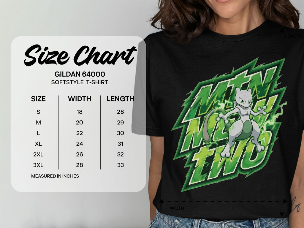 Gildan 64000 softstyle t-shirt size chart with width and length measurements in inches.