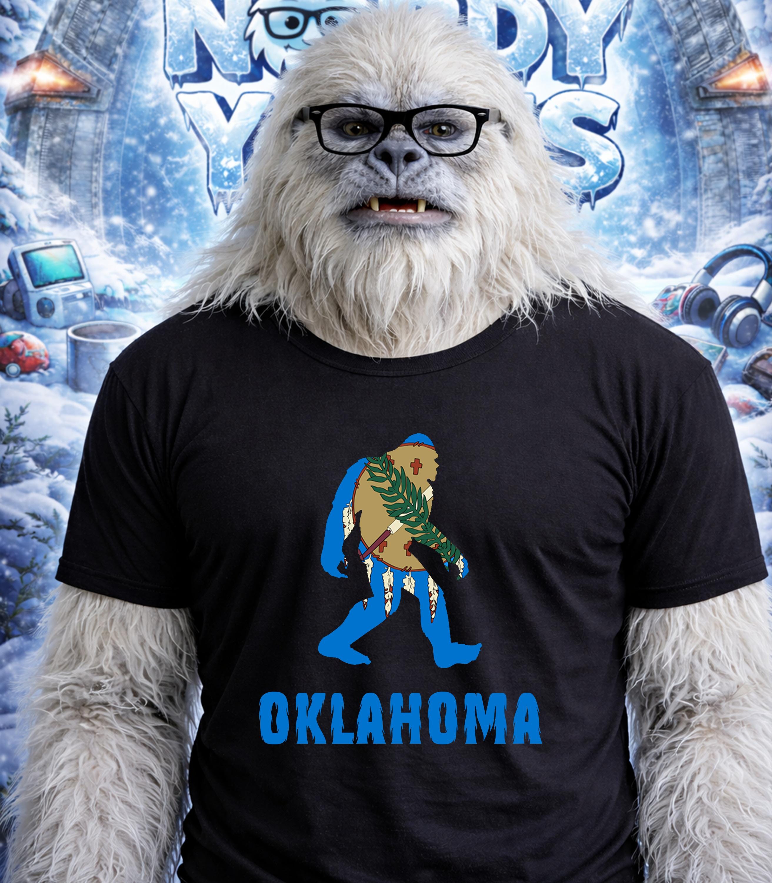Yeti wearing glasses and a t-shirt with a stylized Oklahoma map design.