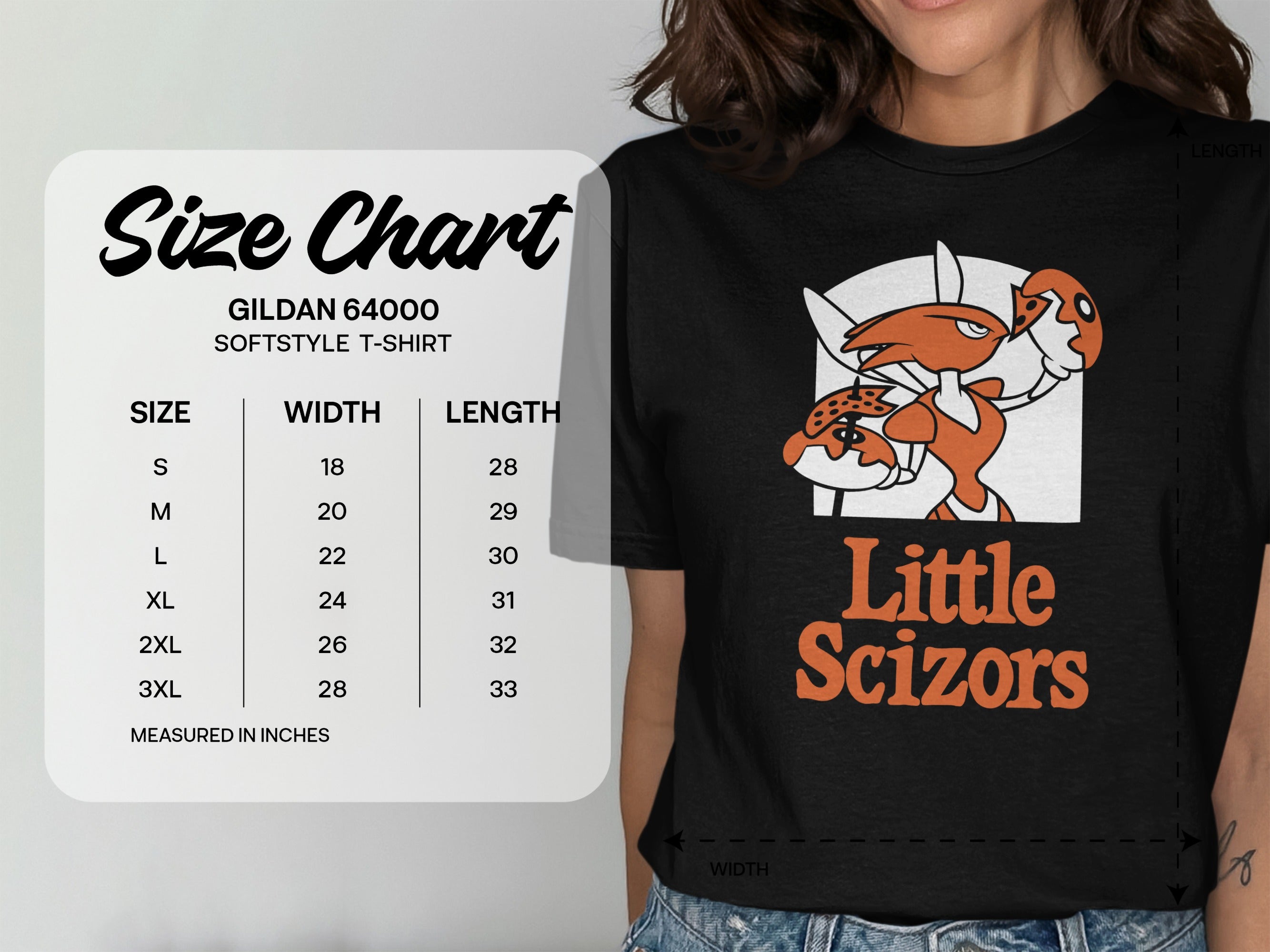 Gildan 64000 t-shirt size chart with Little Scizors graphic.