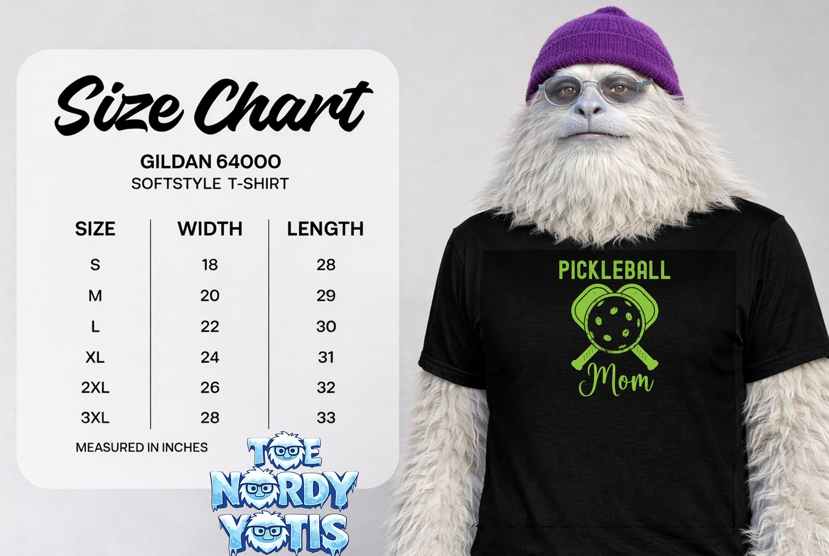 Gildan 64000 size chart for softstyle t-shirts with pickleball mom graphic.