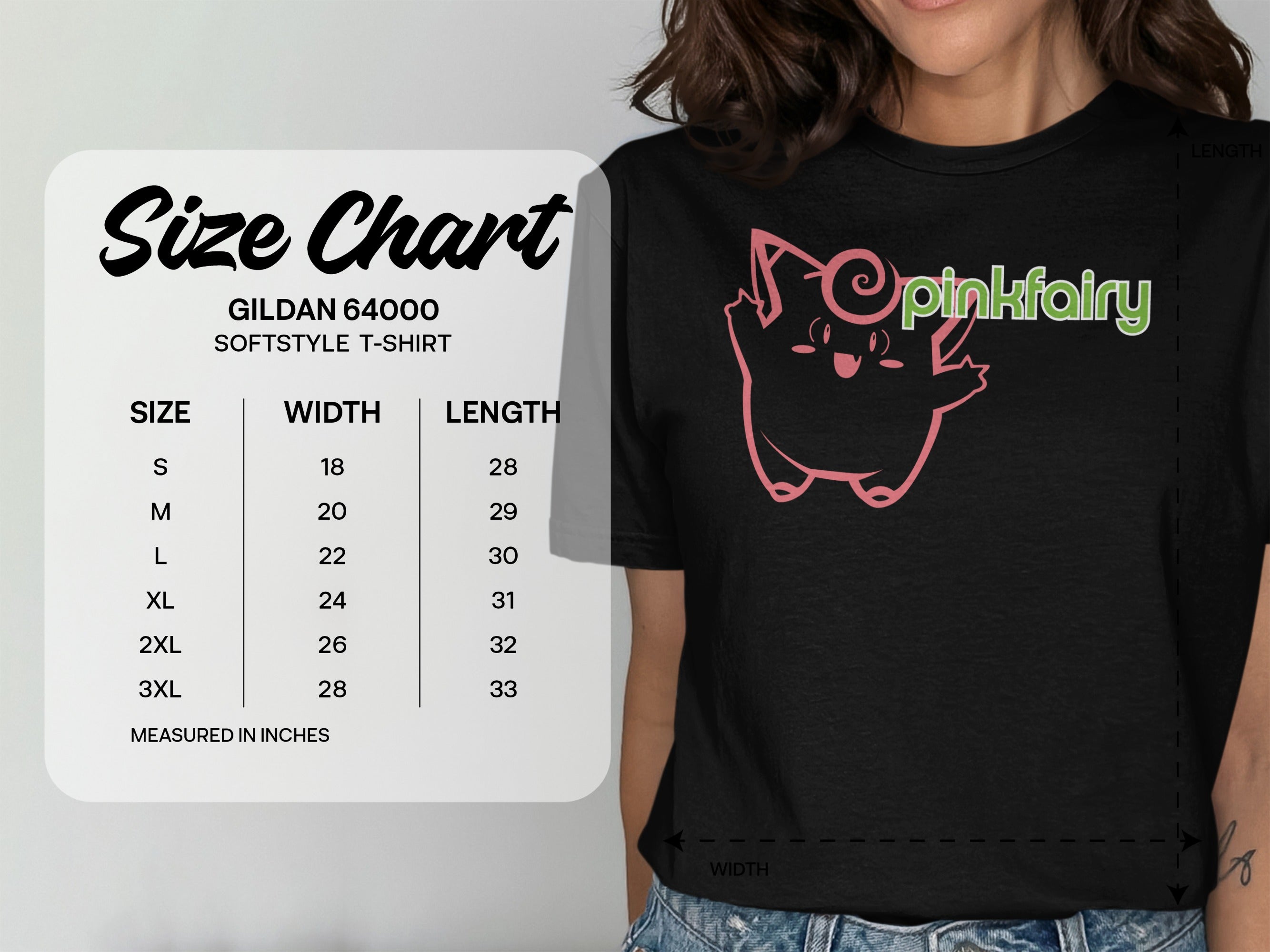 Size chart for Gildan 64000 Softstyle t-shirt with Pinkfairy logo.