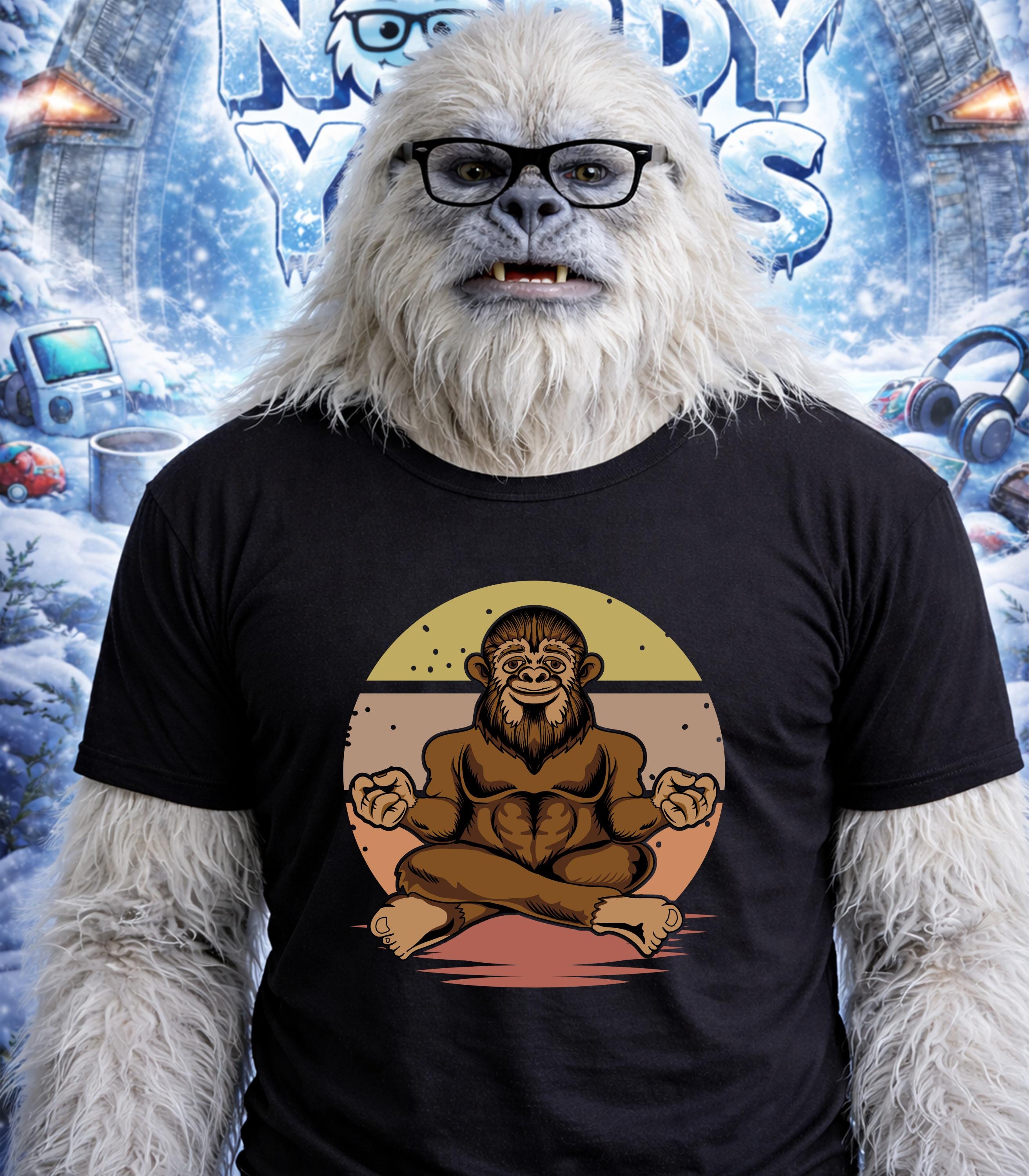 Yeti wearing glasses and a t-shirt with a meditating ape graphic.