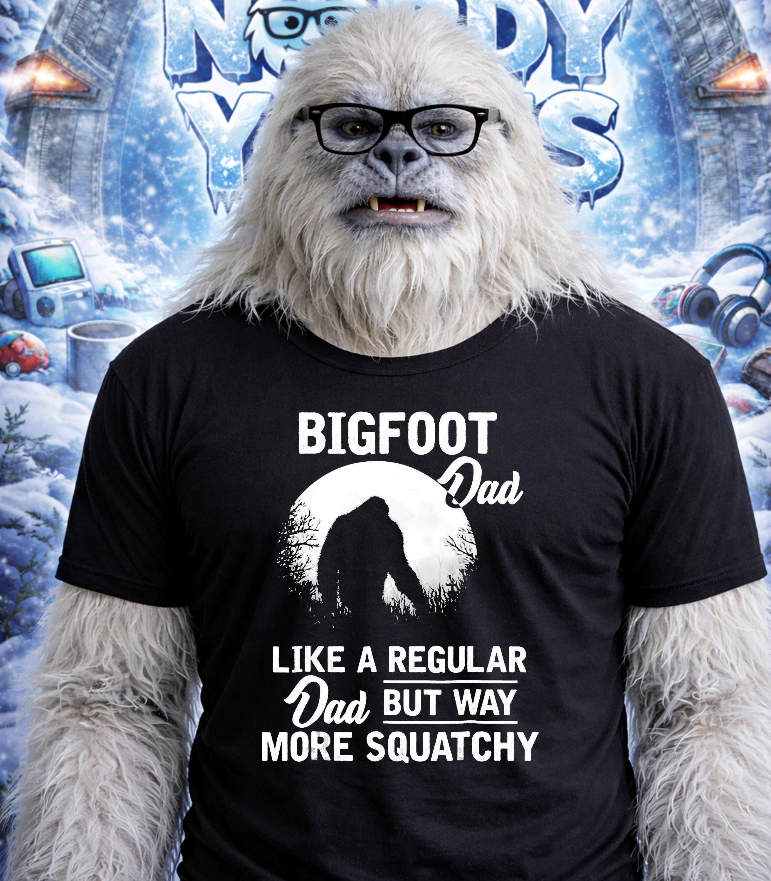 Bigfoot wearing glasses and a t-shirt that says "Bigfoot Dad Like a regular Dad but way more squatchy."