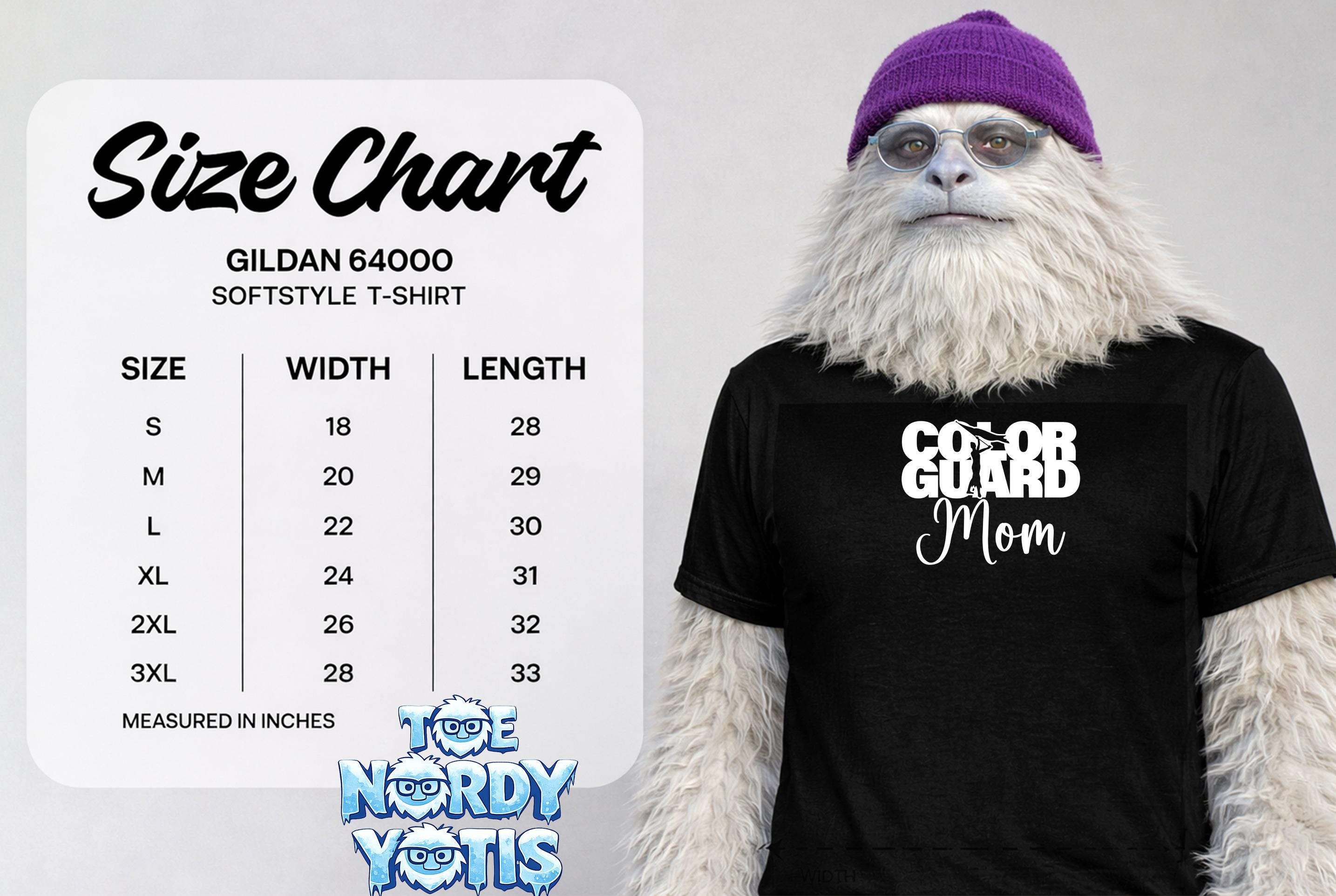 Gildan 64000 softstyle t-shirt size chart with measurements.