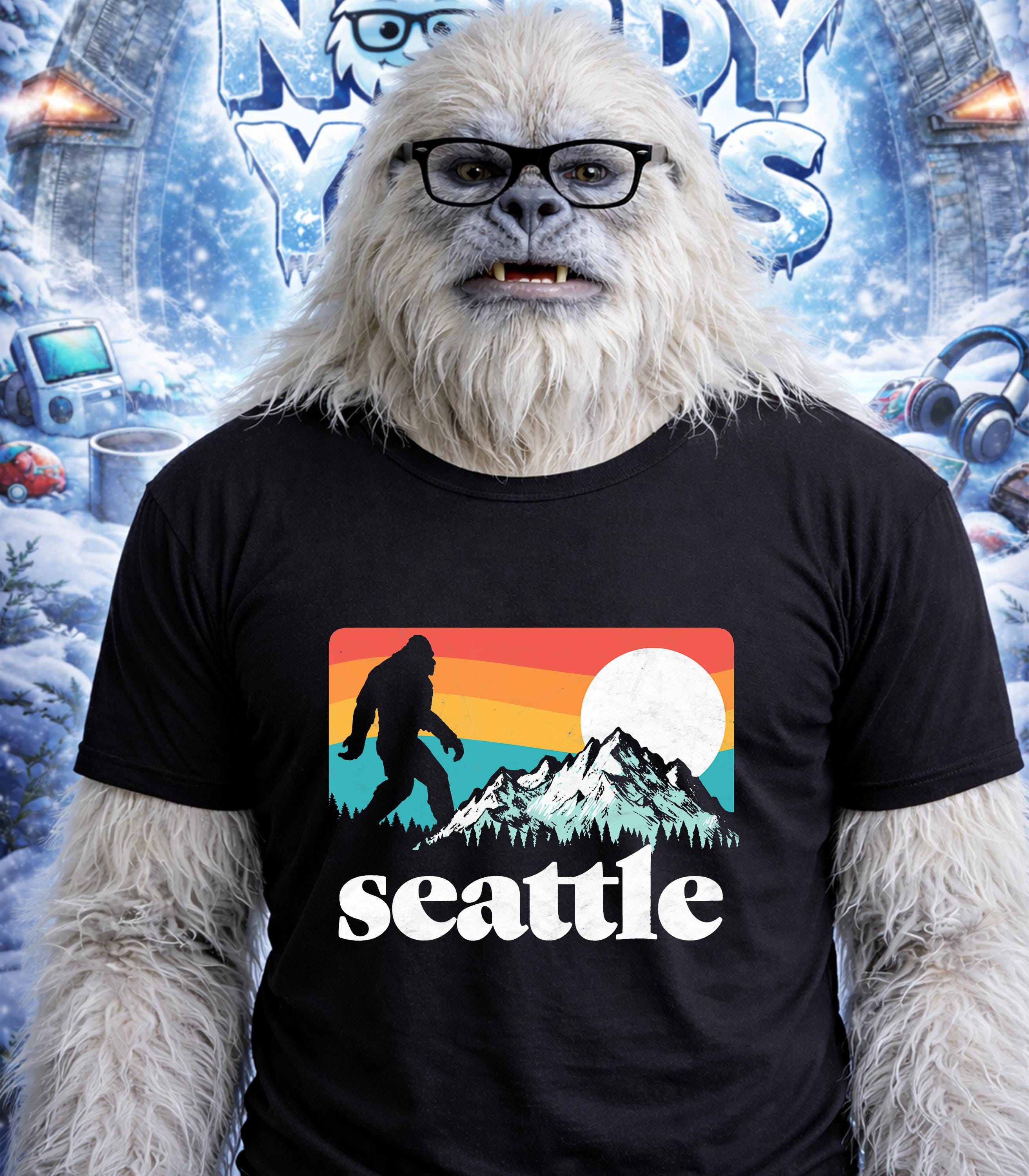 Yeti wearing a t-shirt with Seattle skyline and mountains at sunset.