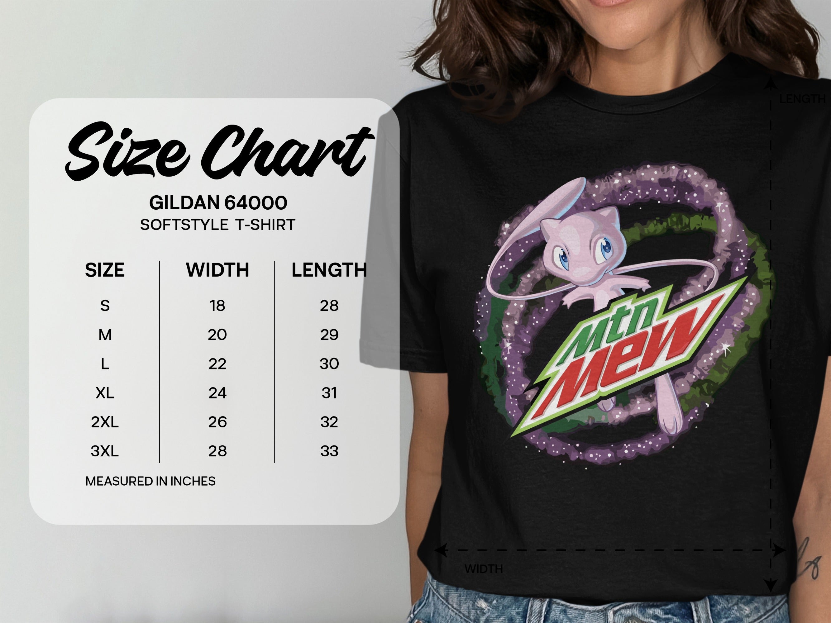 Gildan 64000 softstyle t-shirt size chart with measurements in inches.