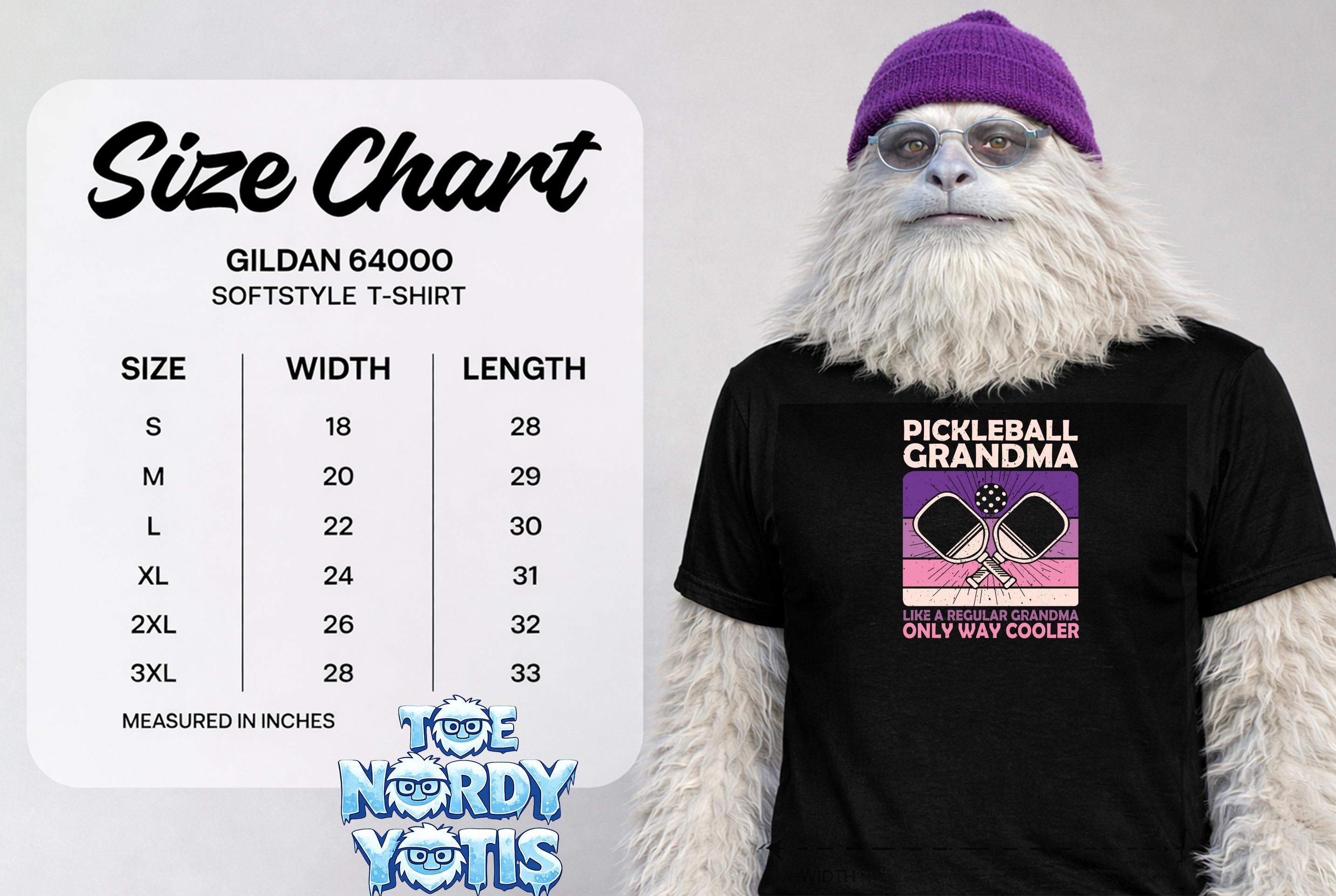 Gildan 64000 softstyle t-shirt size chart with pickleball grandma graphic.
