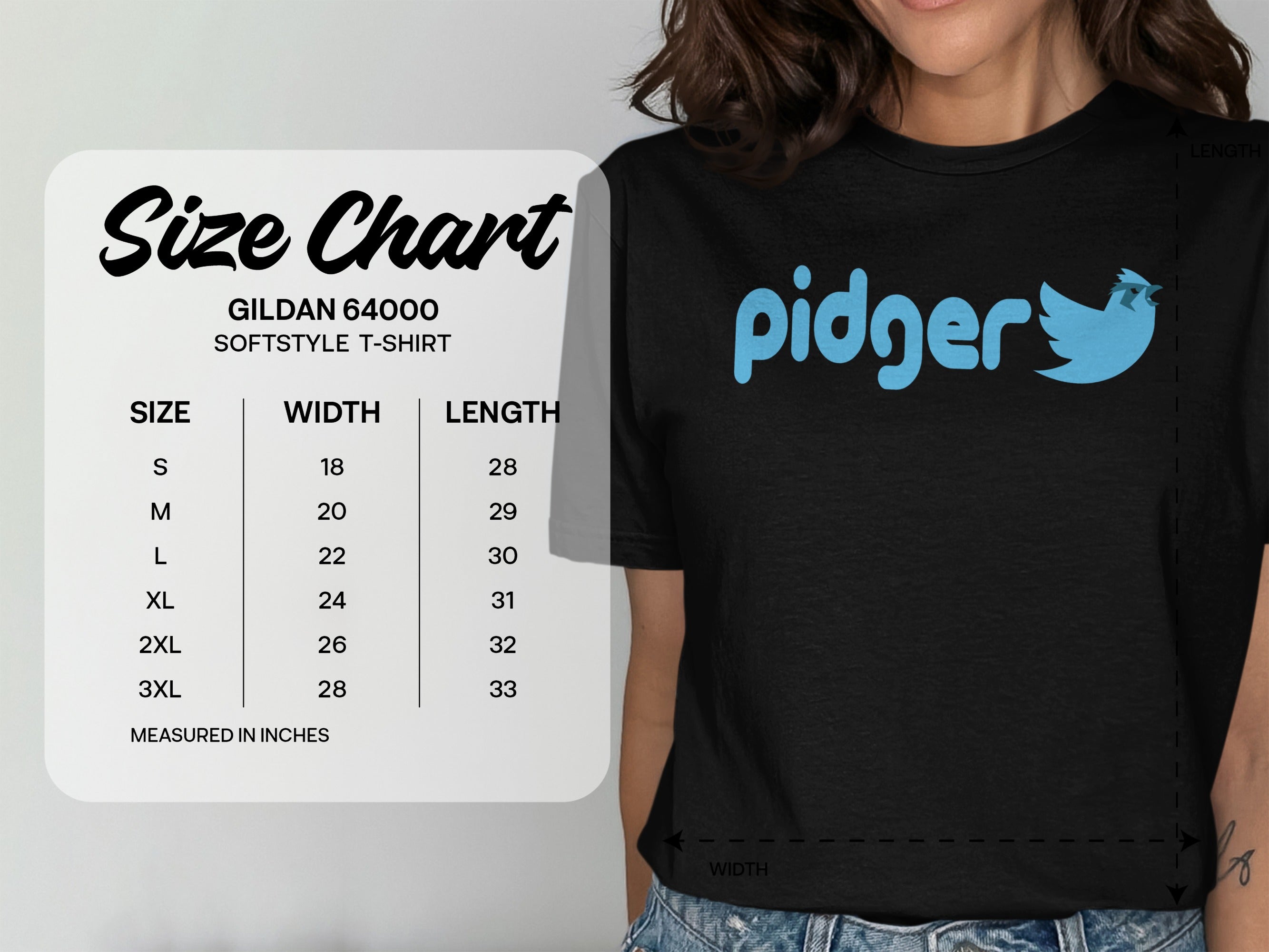 Gildan 64000 softstyle t-shirt size chart with measurements in inches.