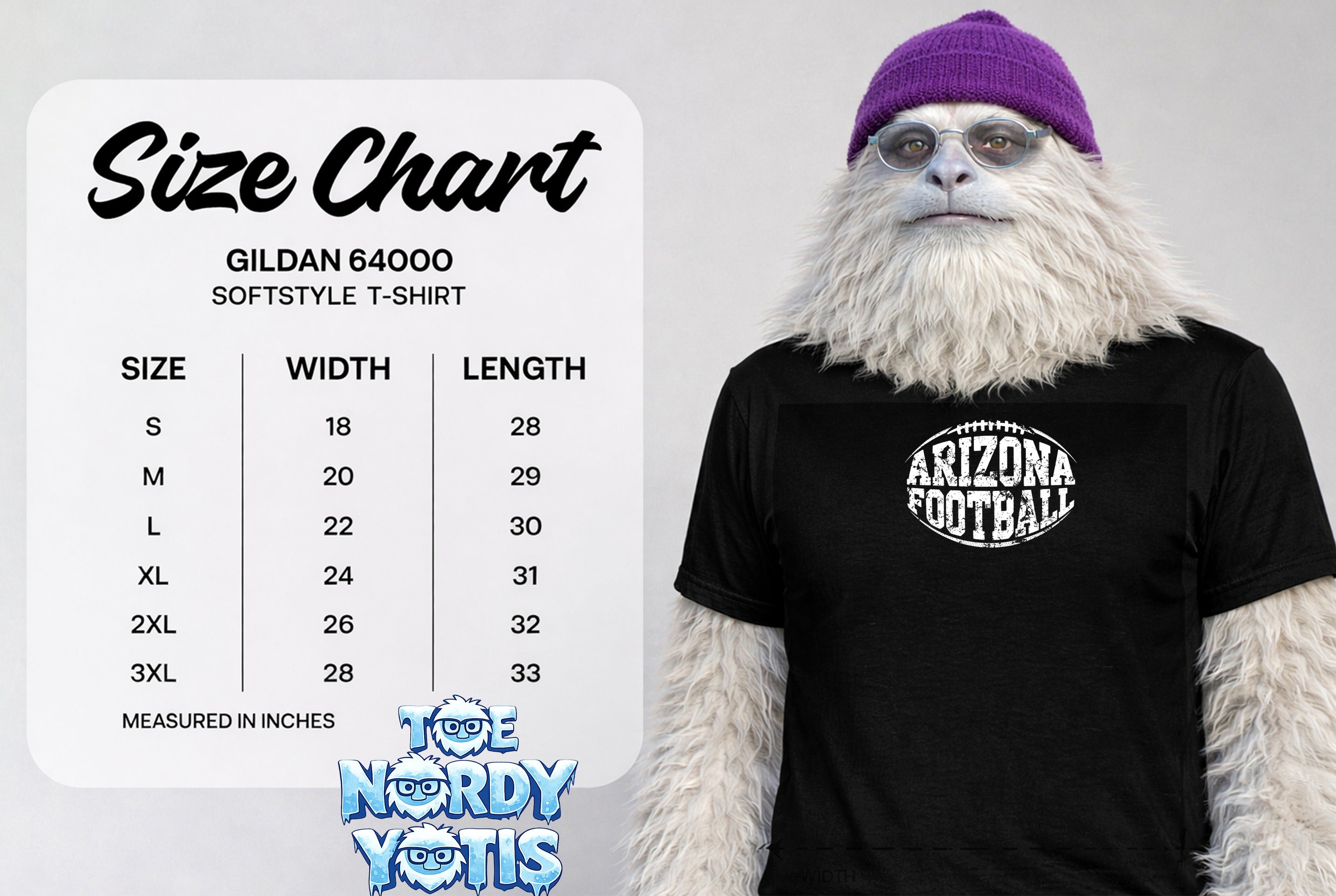 Gildan 64000 softstyle t-shirt size chart with Arizona Football graphic.