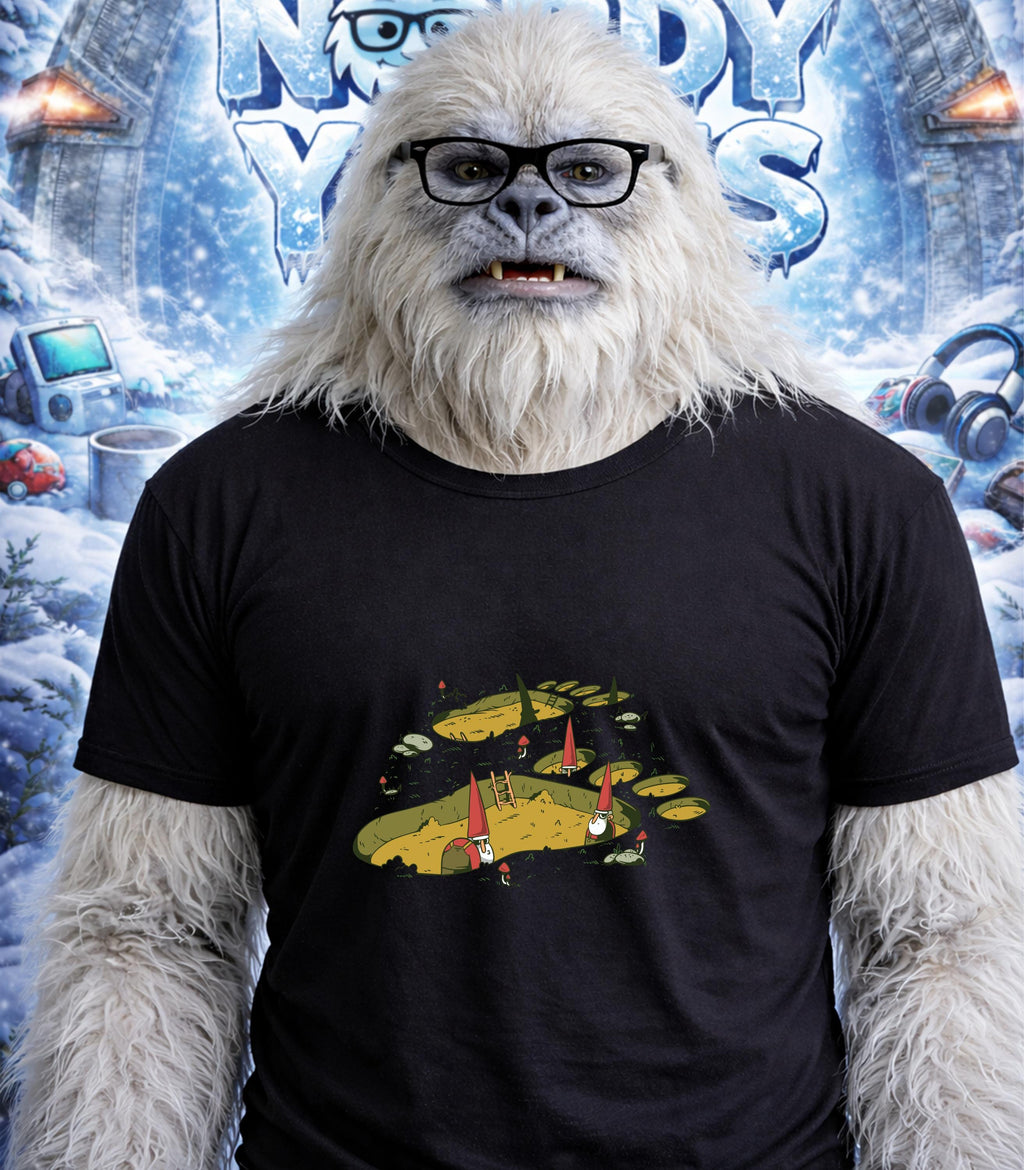 Yeti wearing glasses and a t-shirt with a gnome village in footprints.