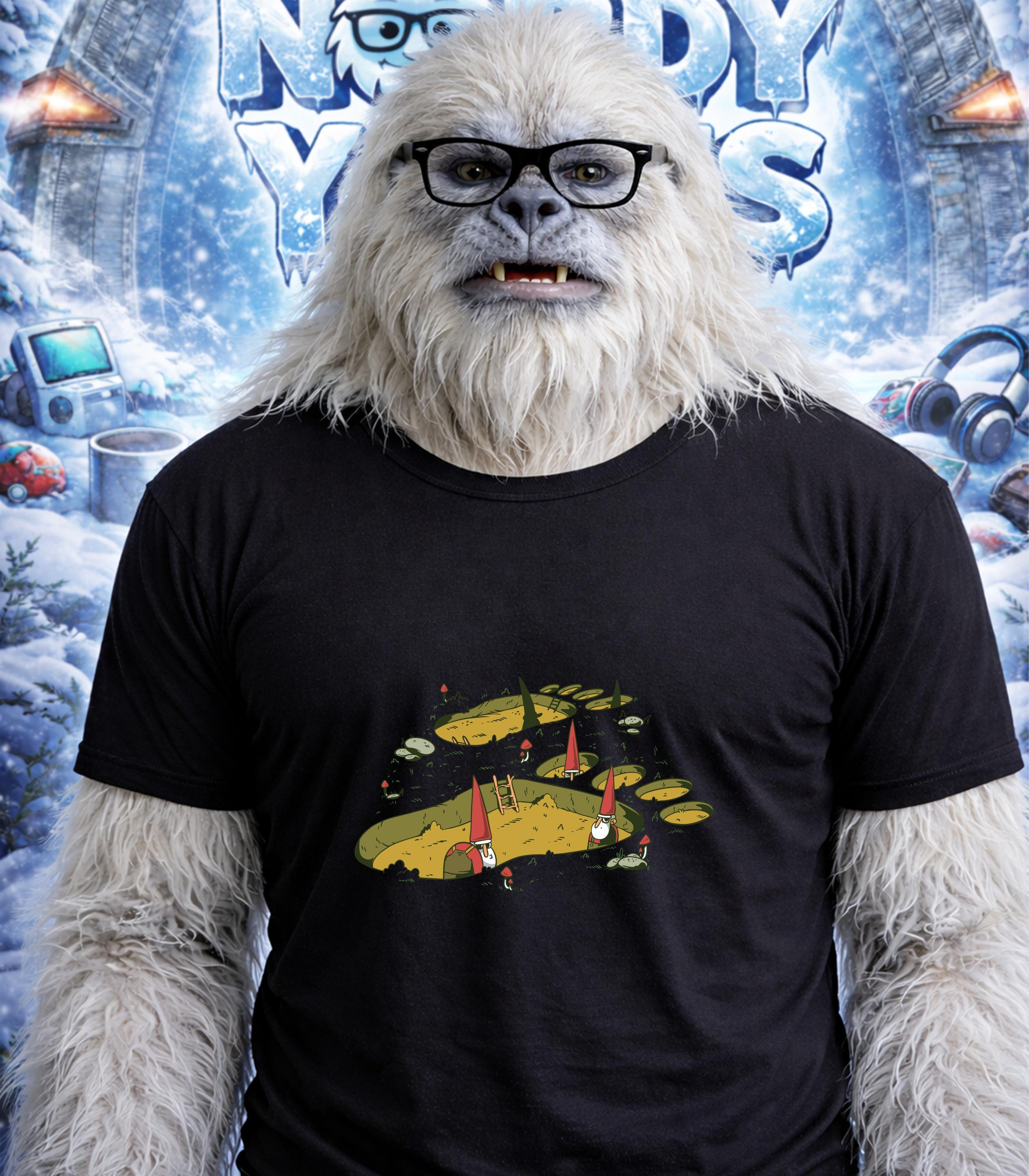 Yeti wearing glasses and a t-shirt with a gnome village in footprints.