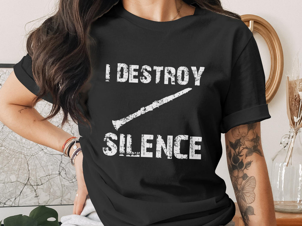 Black t-shirt with white text "I DESTROY SILENCE" and clarinet graphic.