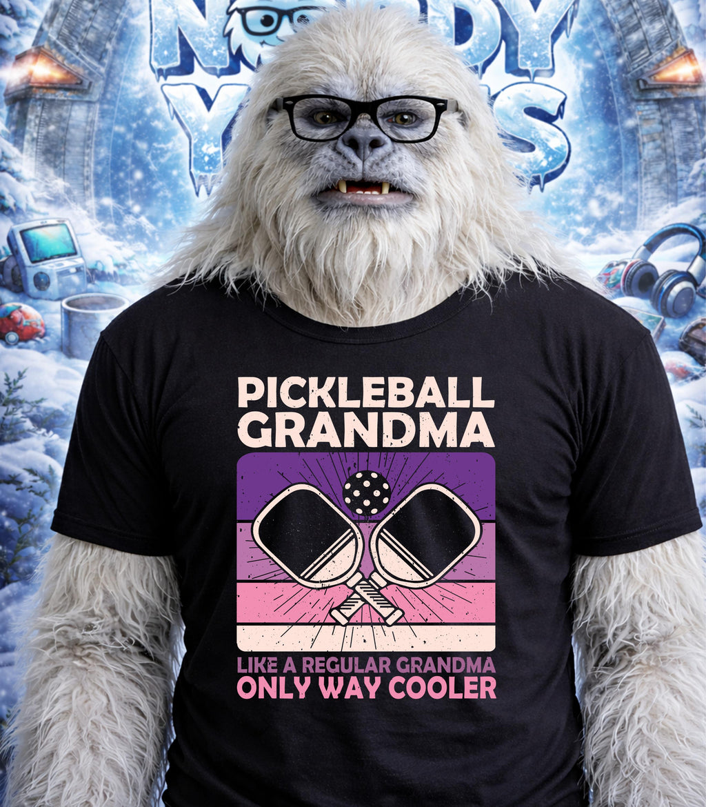 Yeti wearing t-shirt with pickleball graphic and text.