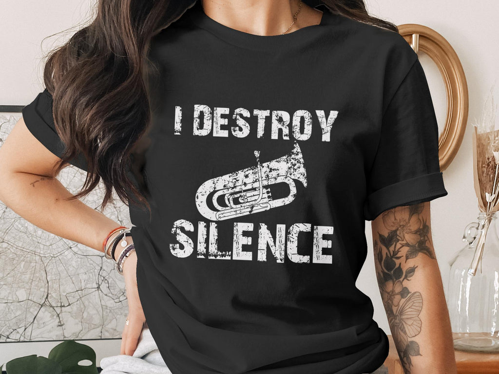 T-shirt with "I DESTROY SILENCE" and a tuba illustration.