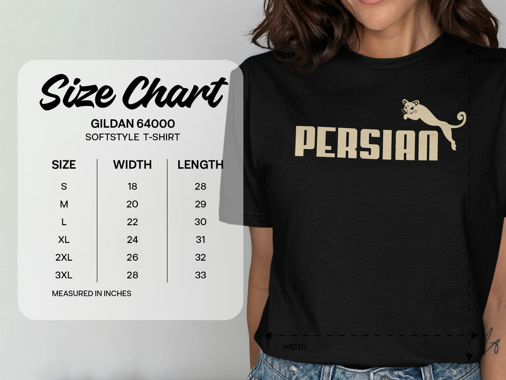 Gildan 64000 Softstyle T-Shirt size chart with PERSIAN cat graphic.