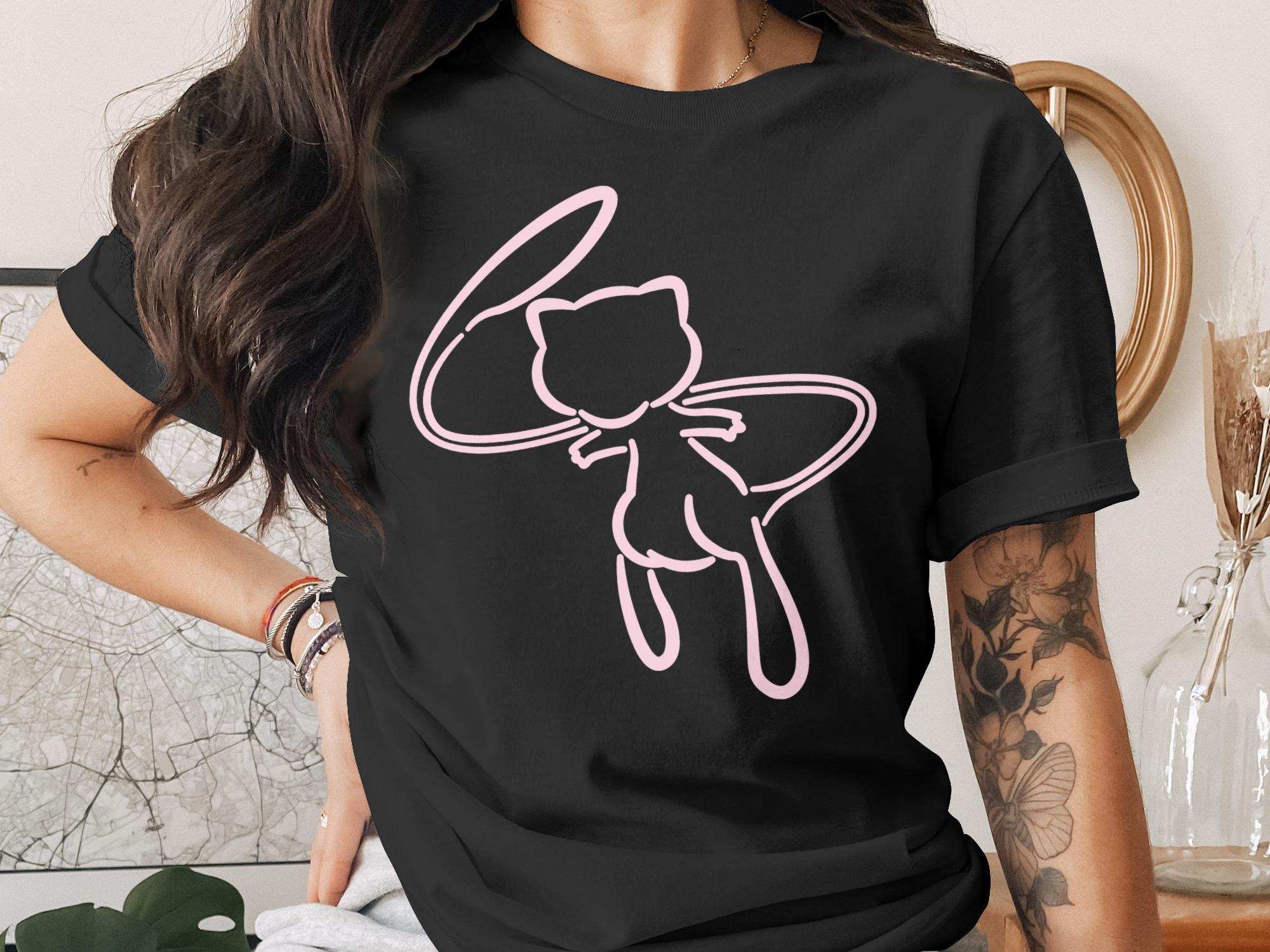 Black t-shirt with a neon pink outline of the Pokemon Mew.