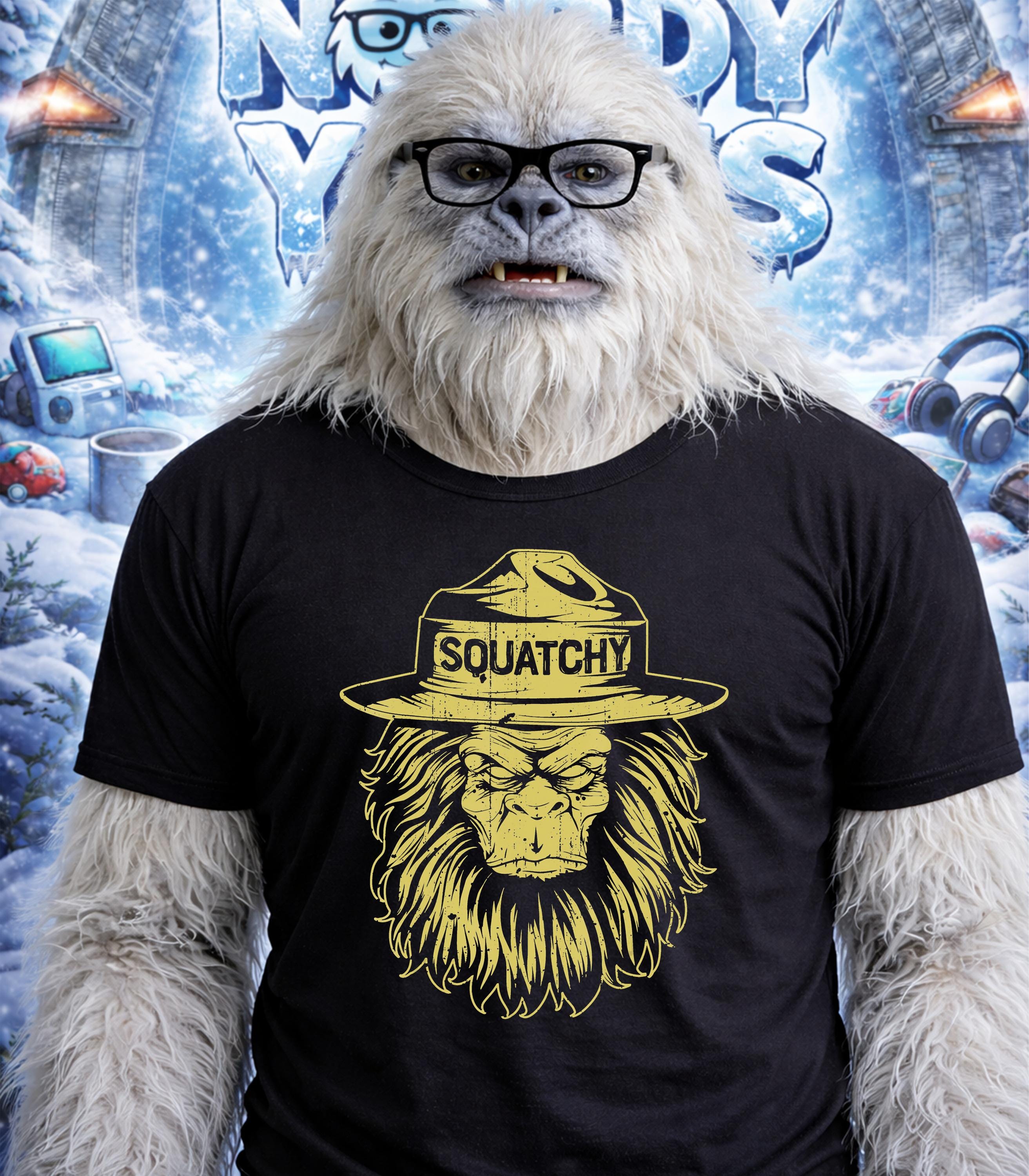Yeti wearing glasses and a t-shirt with a yellow lion-like face.