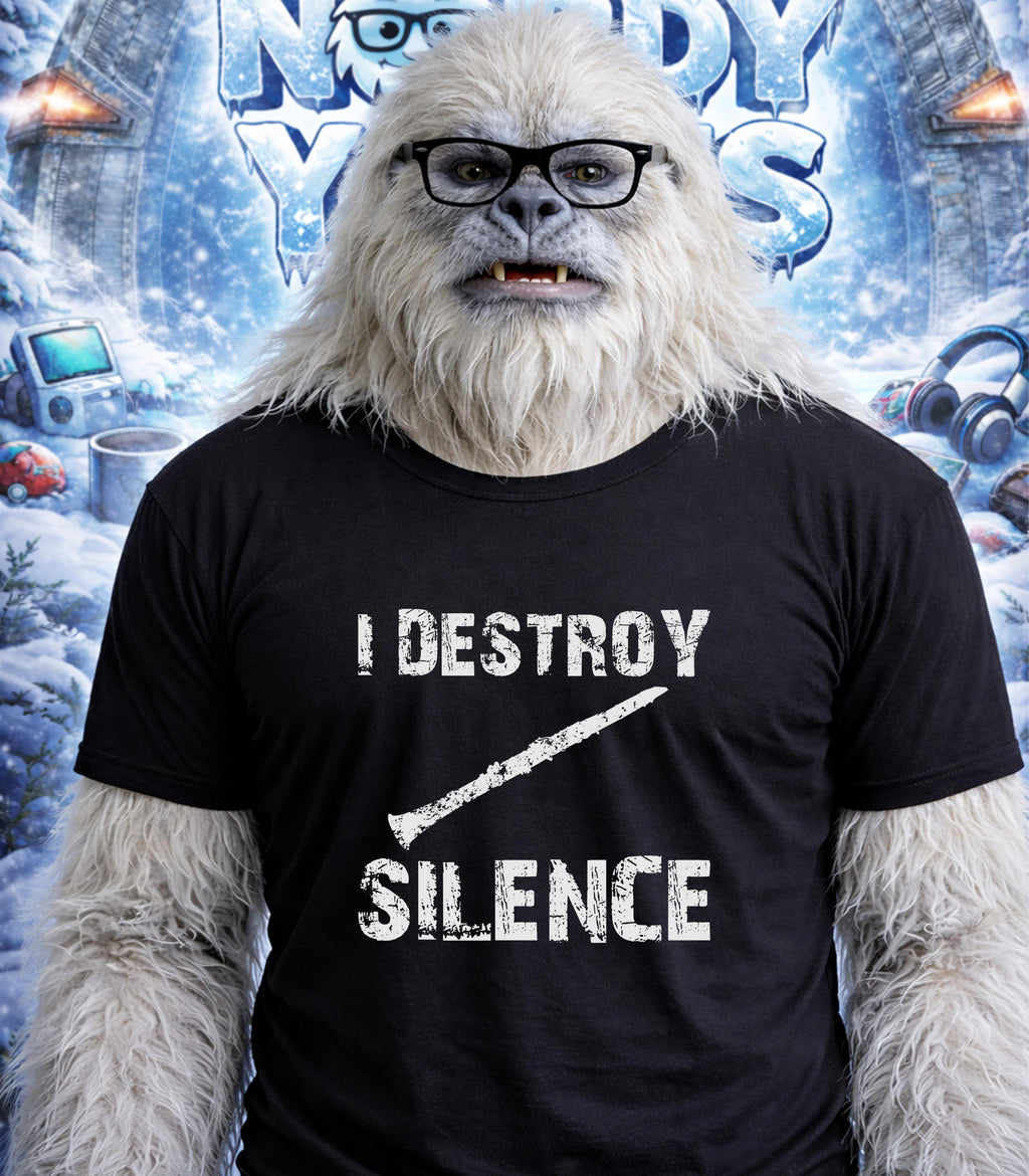 Yeti wearing glasses and a t-shirt that reads "I DESTROY SILENCE".