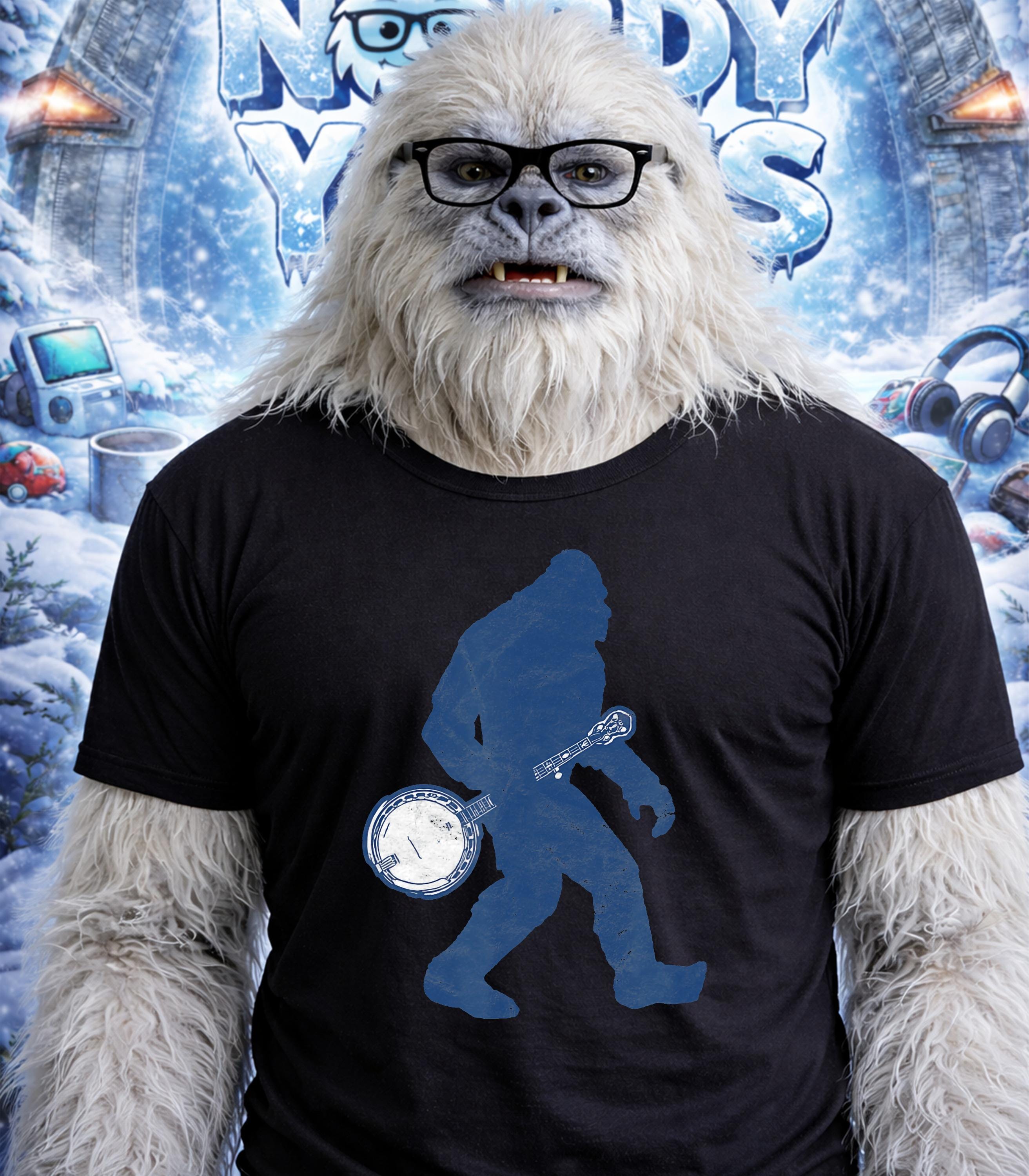 Yeti wearing glasses and a t-shirt with a banjo-playing Bigfoot silhouette.