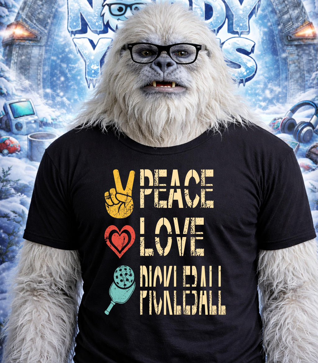Yeti wearing glasses and a t-shirt reading "Peace, Love, Pickleball".