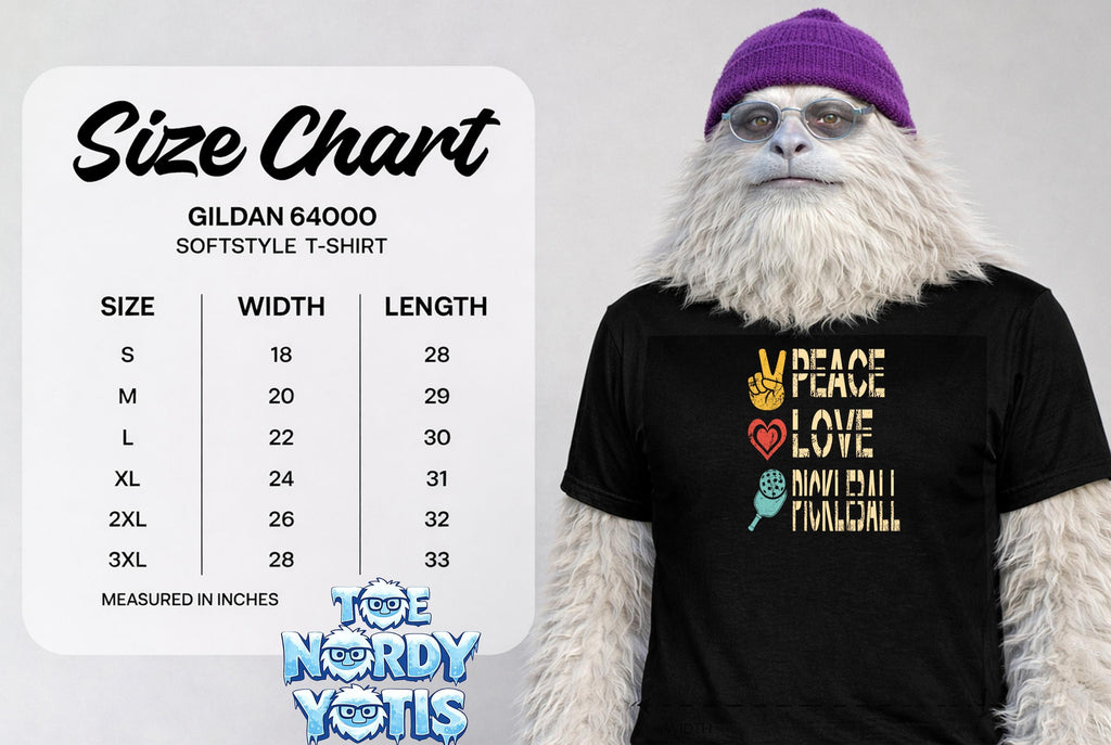 Size chart for Gildan 64000 softstyle t-shirt with measurements.