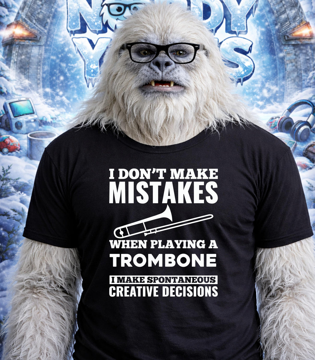 Yeti wearing glasses and a t-shirt with trombonist quote.