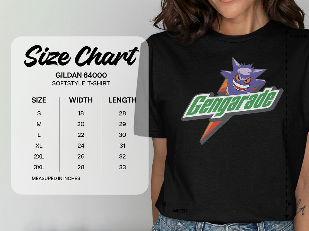 GILDAN 64000 size chart for softstyle t-shirts with Gengarade logo.