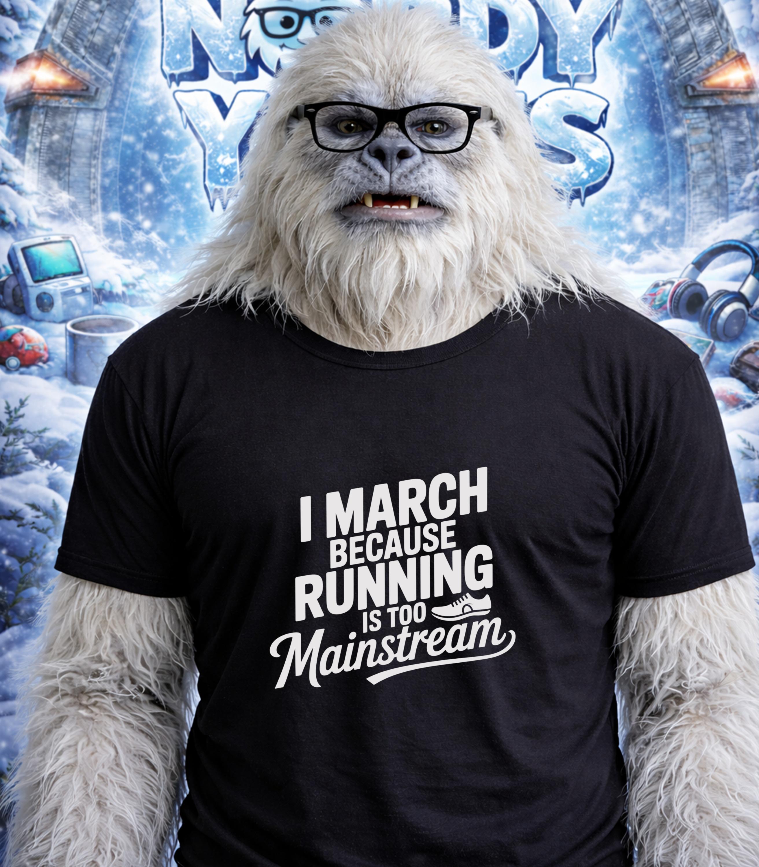 Yeti wearing glasses and a t-shirt that reads "I March Because Running Is Too Mainstream".