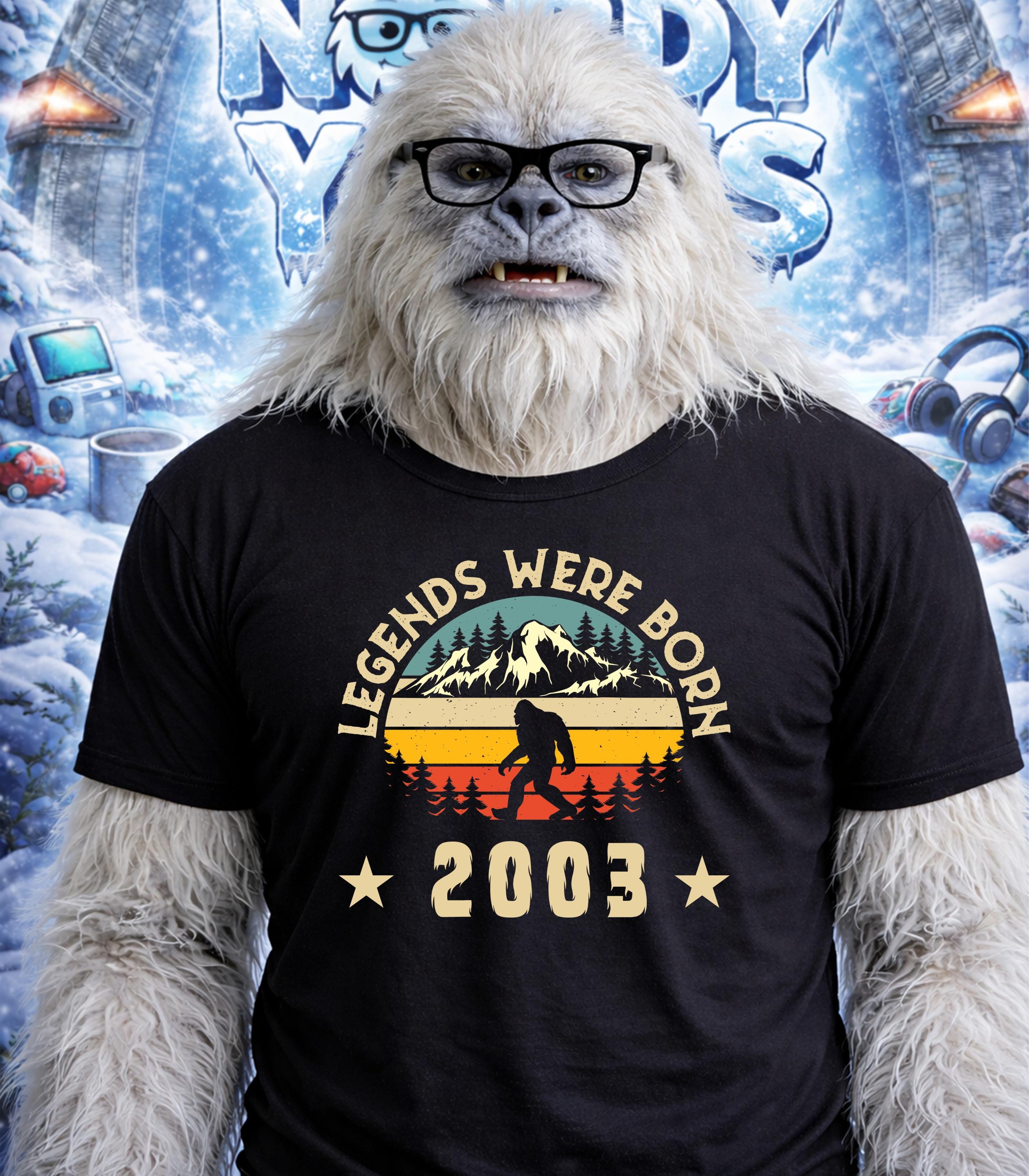 Yeti wearing a t-shirt that says "Legends Were Born 2003".