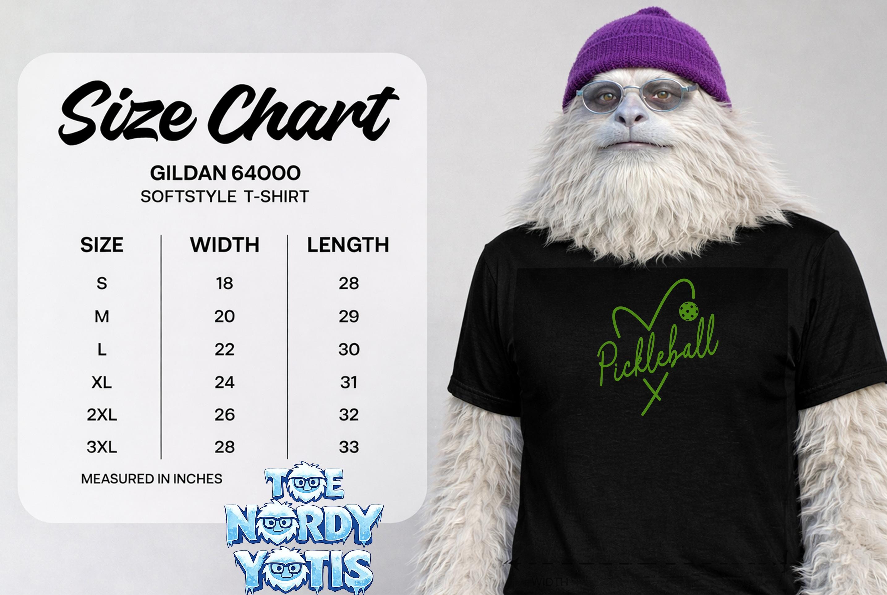 Gildan 64000 Softstyle T-shirt size chart with Pickleball graphic.
