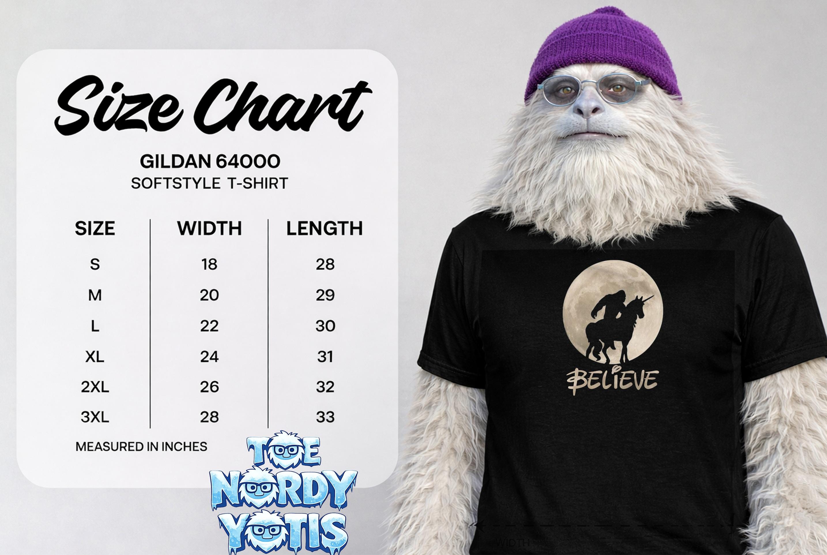 Gildan 64000 Softstyle T-shirt size chart with measurements and Bigfoot graphic.
