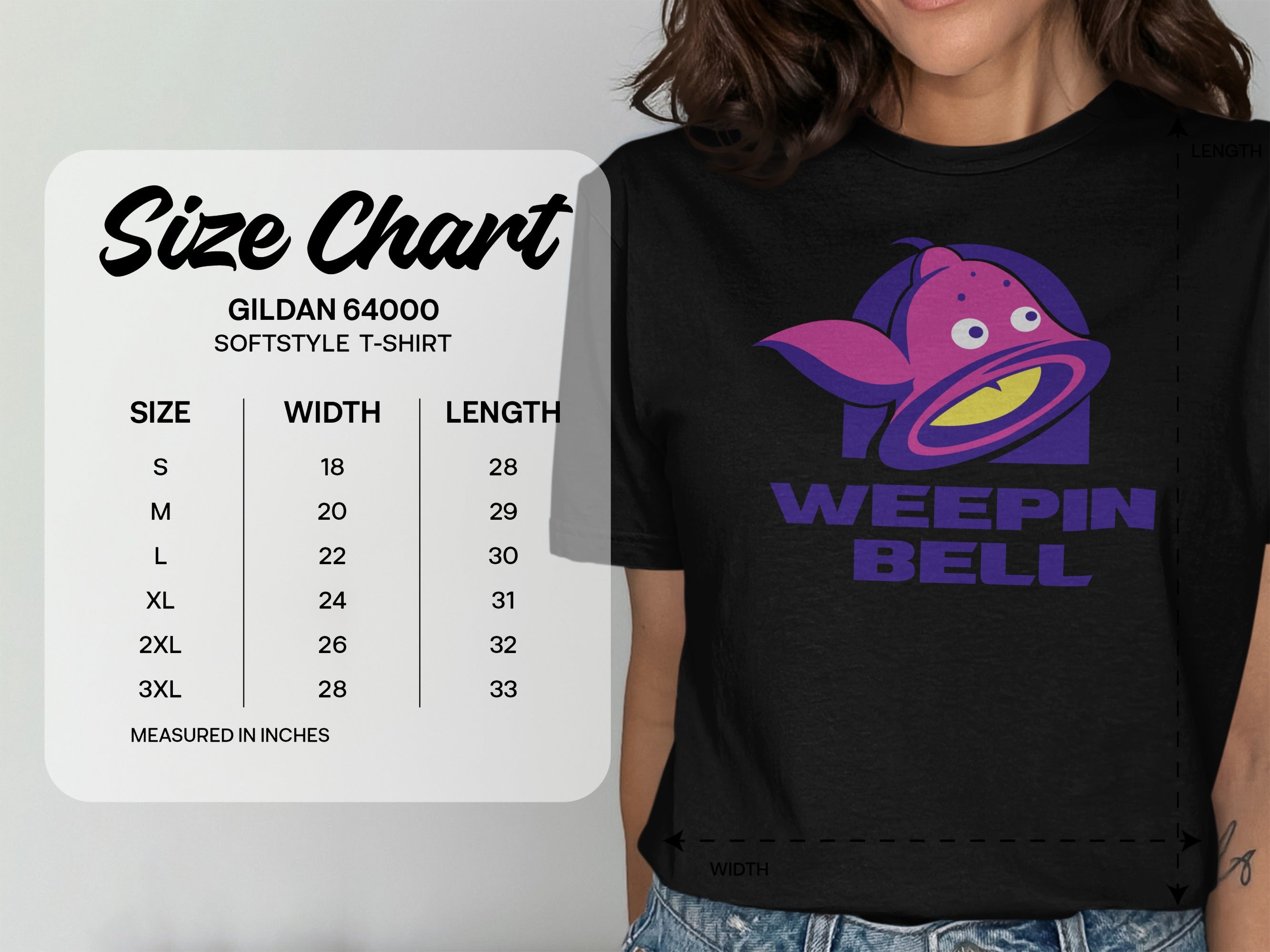 Gildan 64000 softstyle t-shirt size chart with Weepin' Bell graphic.