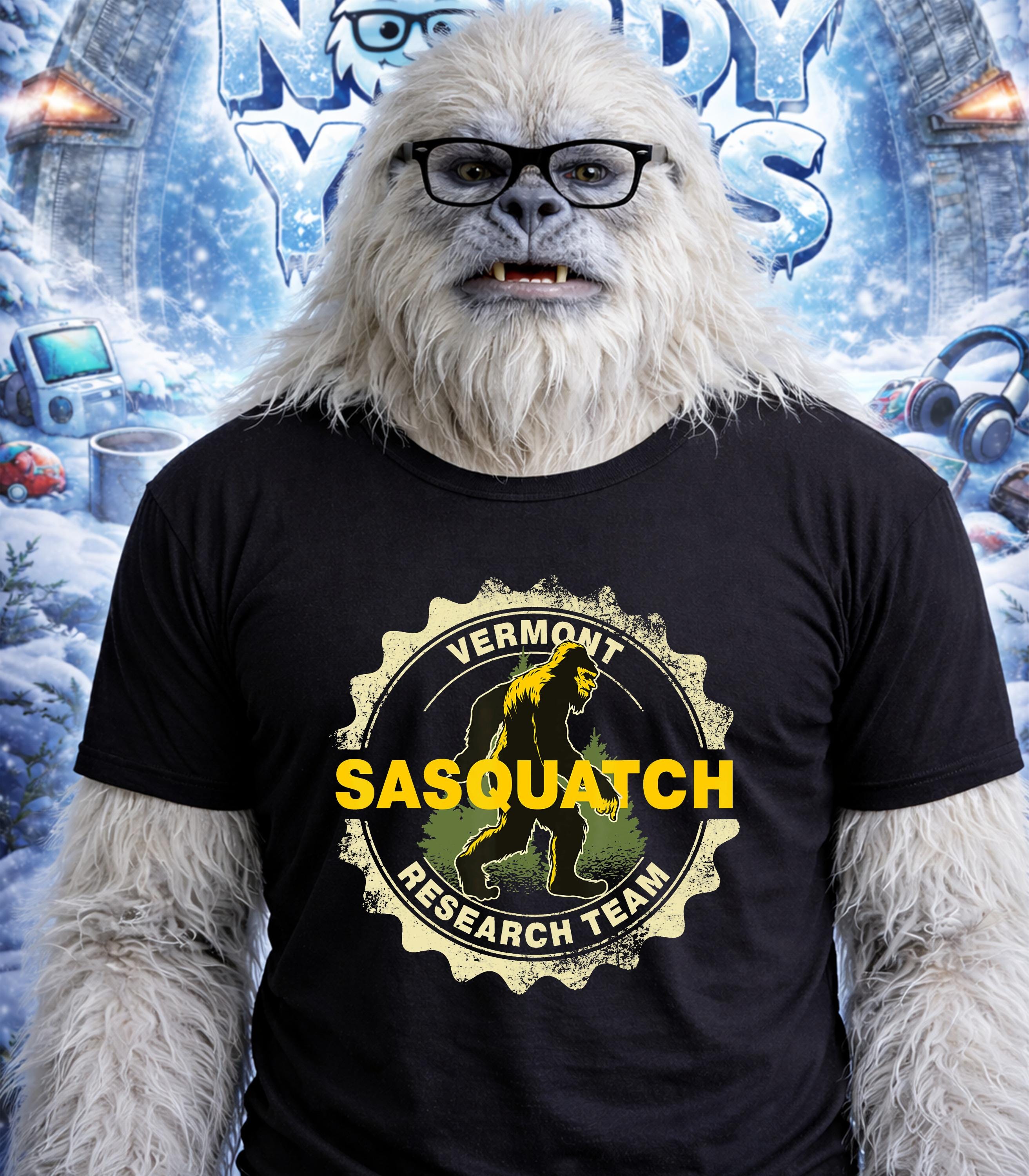 Yeti wearing glasses and a "Vermont Sasquatch Research Team" t-shirt.
