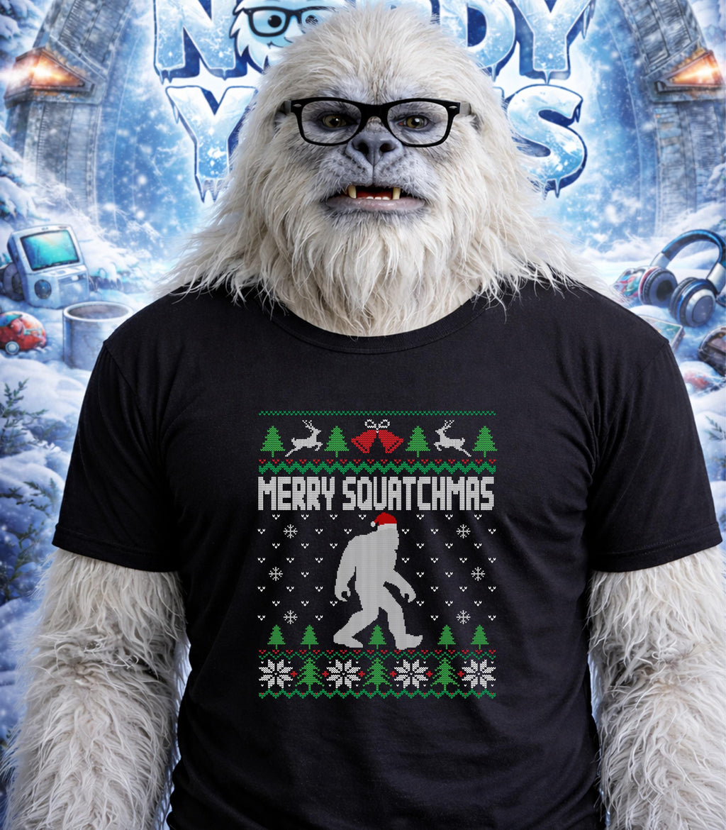 Yeti wearing a Merry Squatchmas ugly sweater with a Bigfoot silhouette.