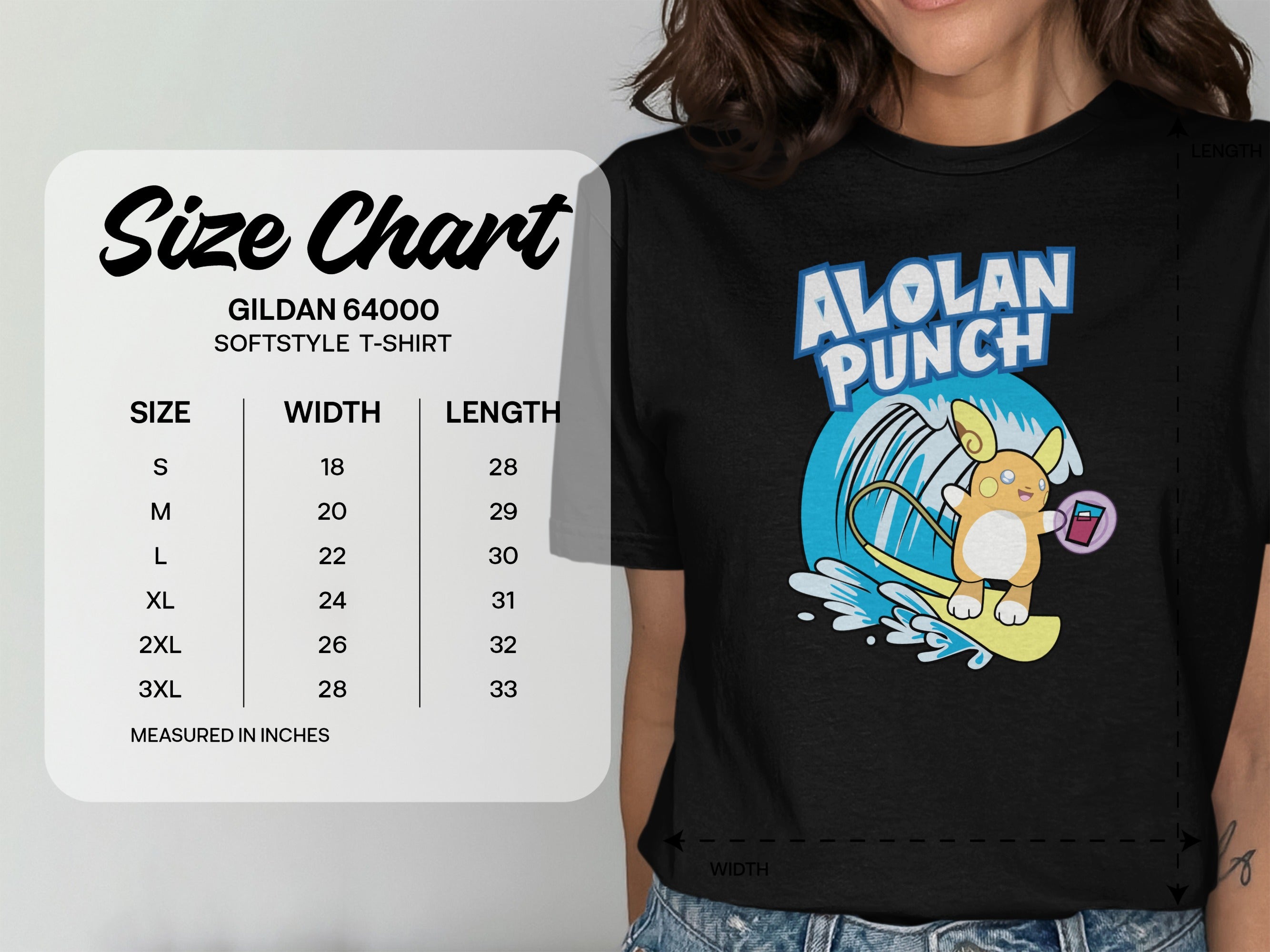 Gildan 64000 softstyle t-shirt size chart with measurements.
