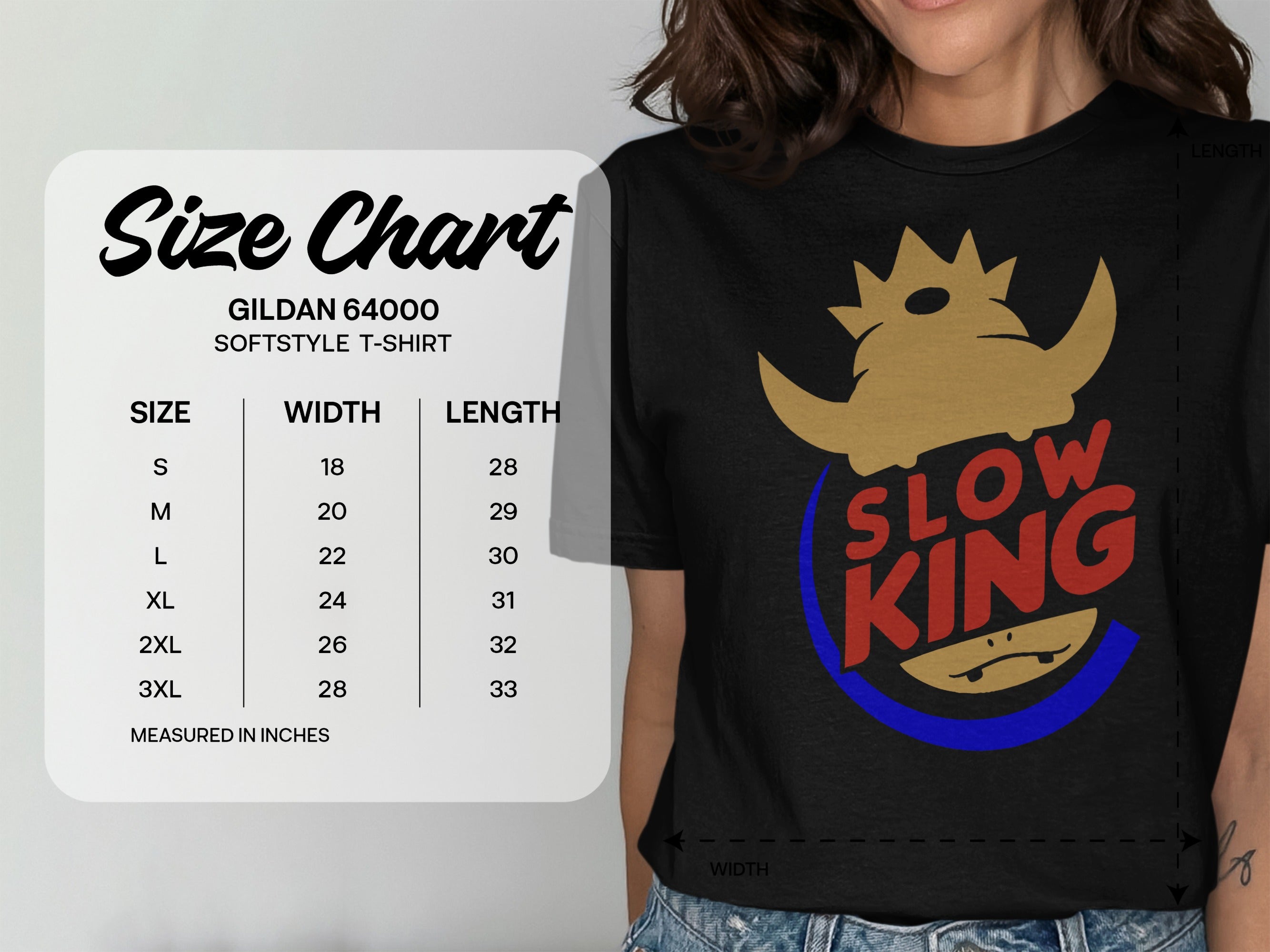 Gildan 64000 Softstyle T-shirt size chart with Slow King logo.
