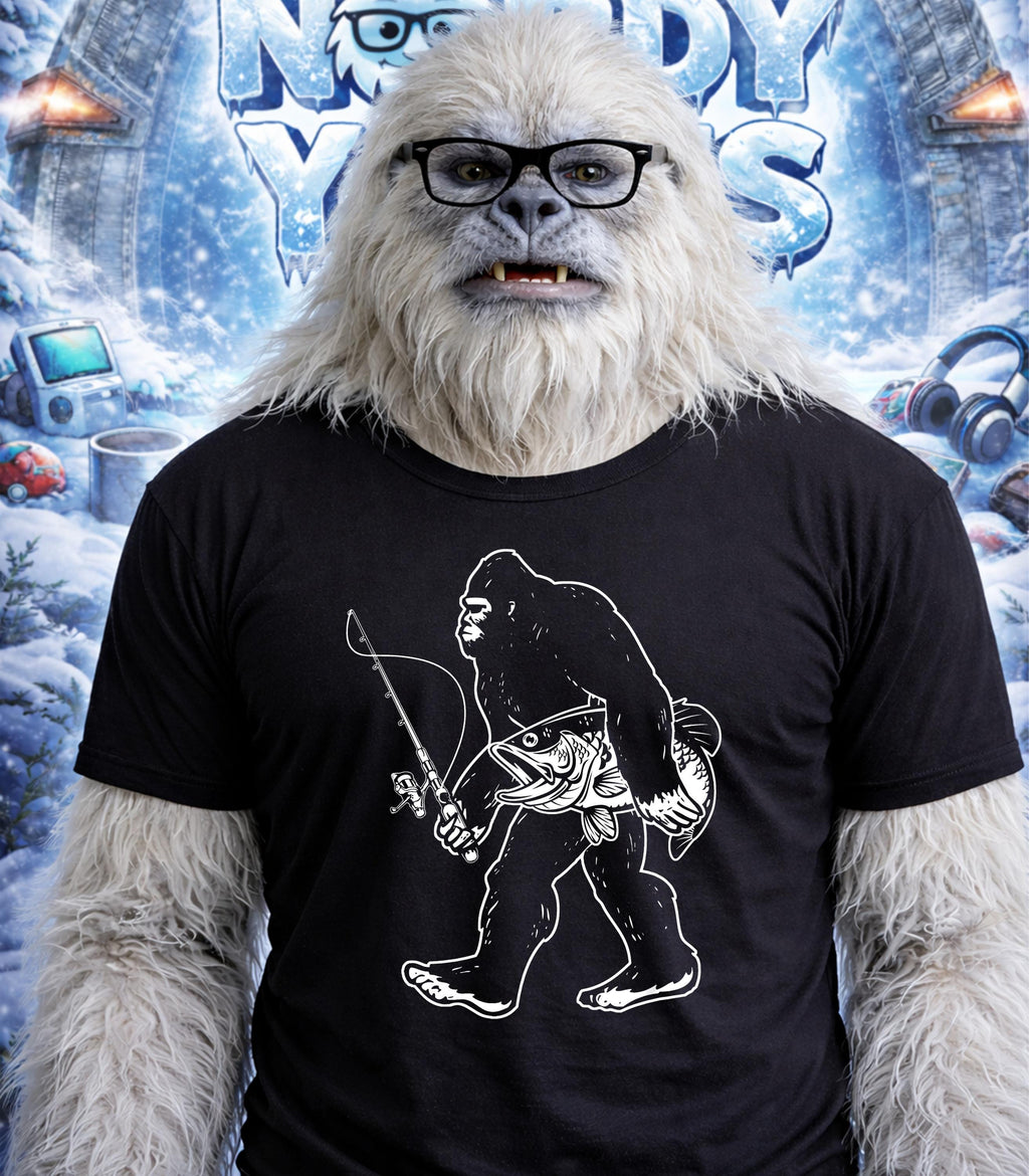 Yeti wearing glasses and a t-shirt with a fishing Bigfoot graphic.