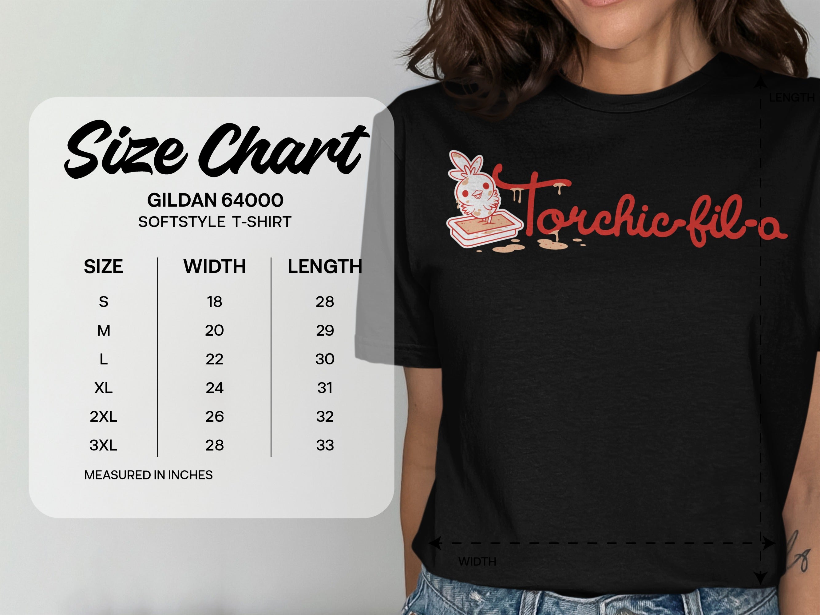 Gildan 64000 size chart for a softstyle t-shirt with "Torchic fil-a" graphic.