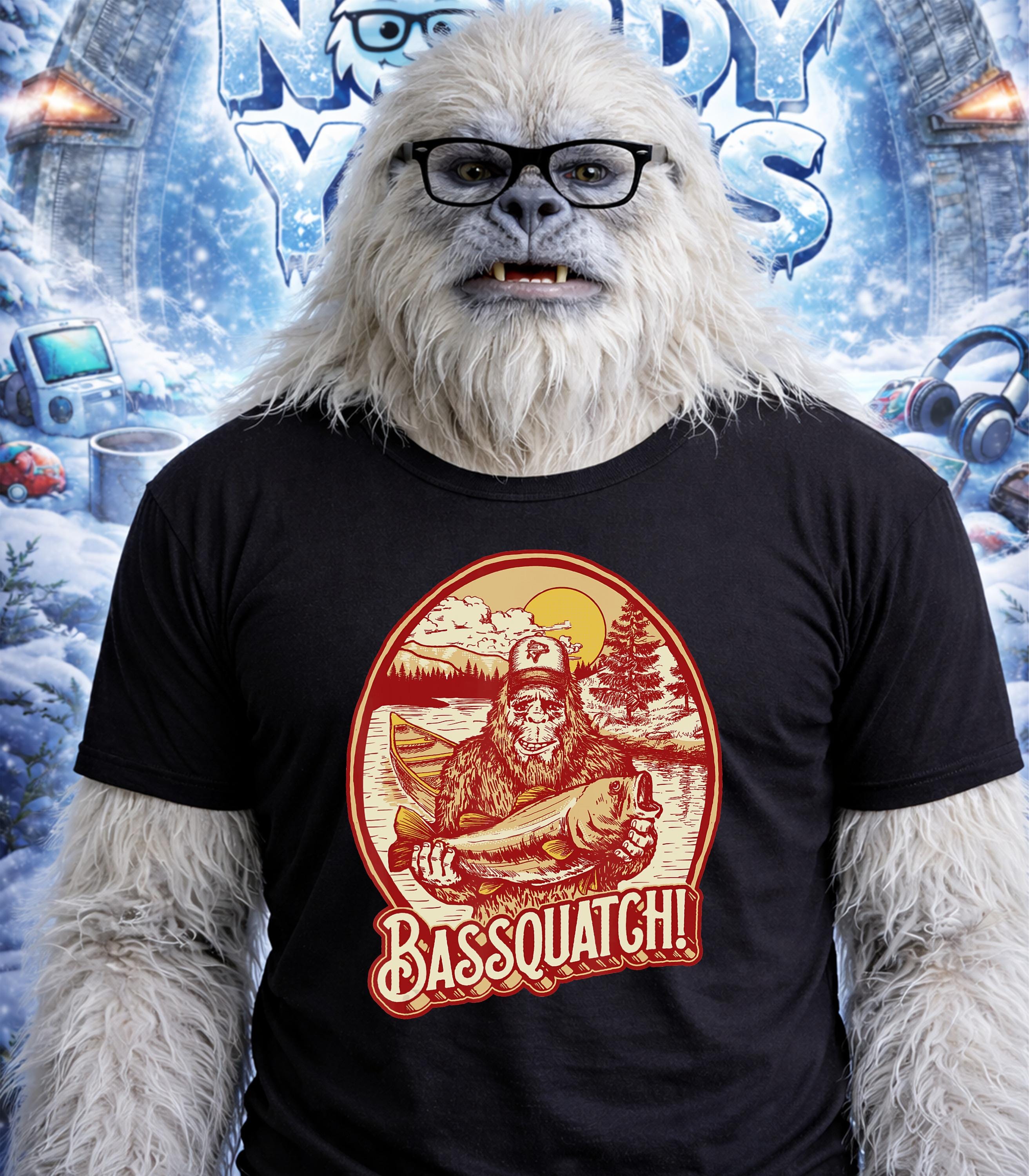 Yeti wearing glasses and a "Bassquatch!" t-shirt with a fish illustration.