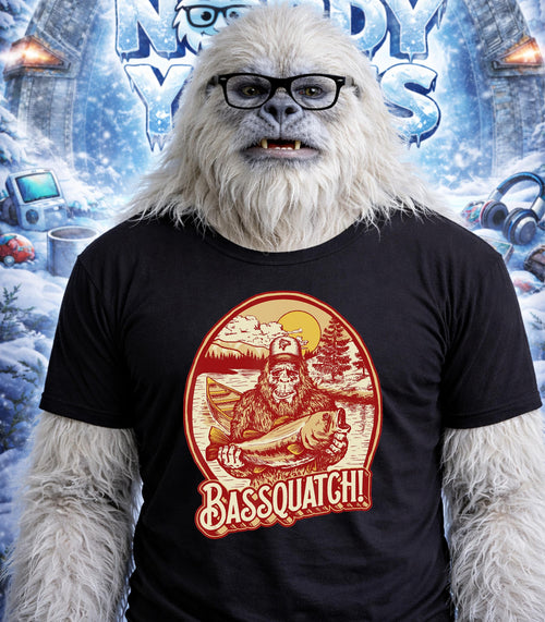 Yeti wearing glasses and a "Bassquatch!" t-shirt with a fish illustration.
