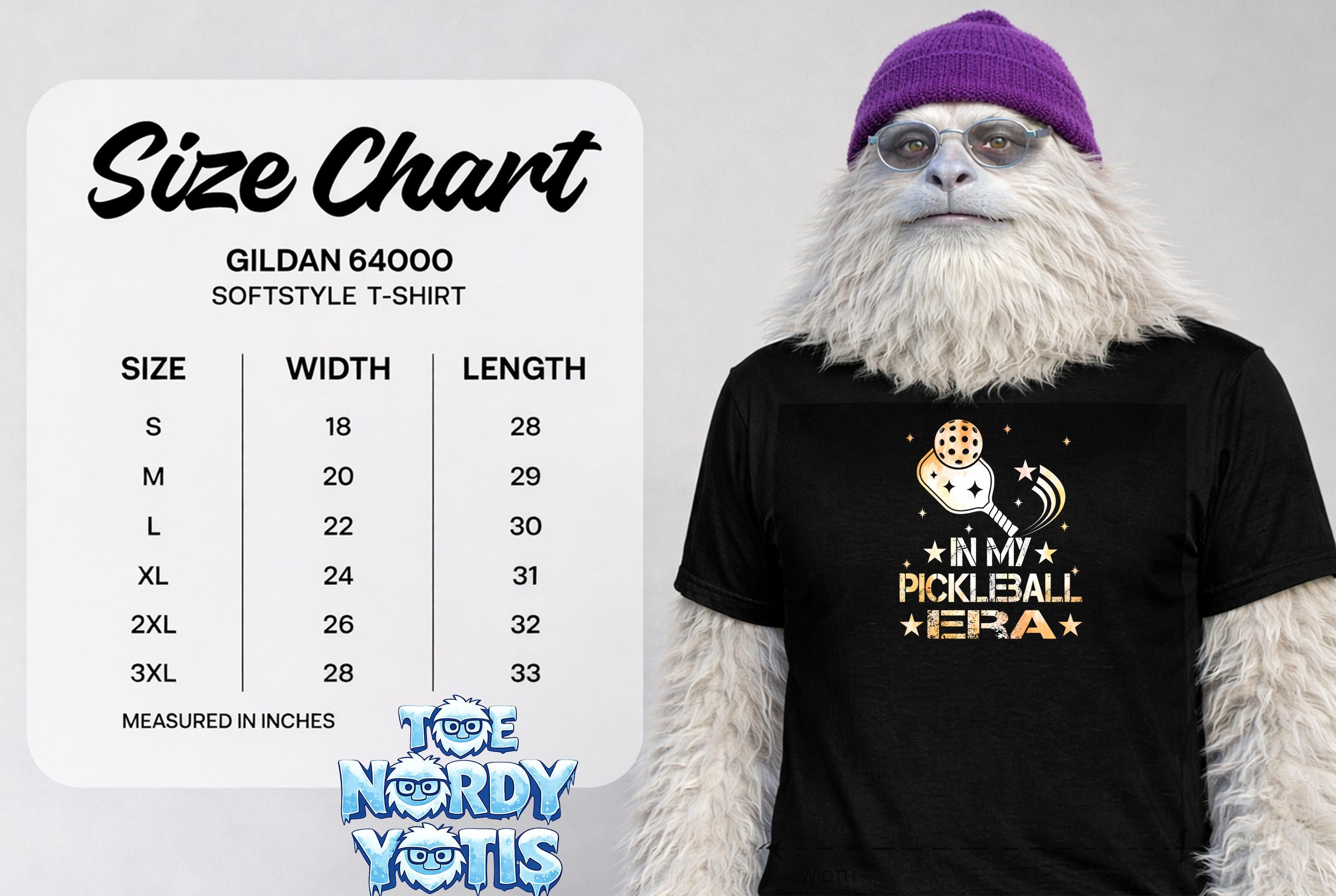 Gildan 64000 Softstyle T-shirt size chart with "In My Pickleball Era" graphic.
