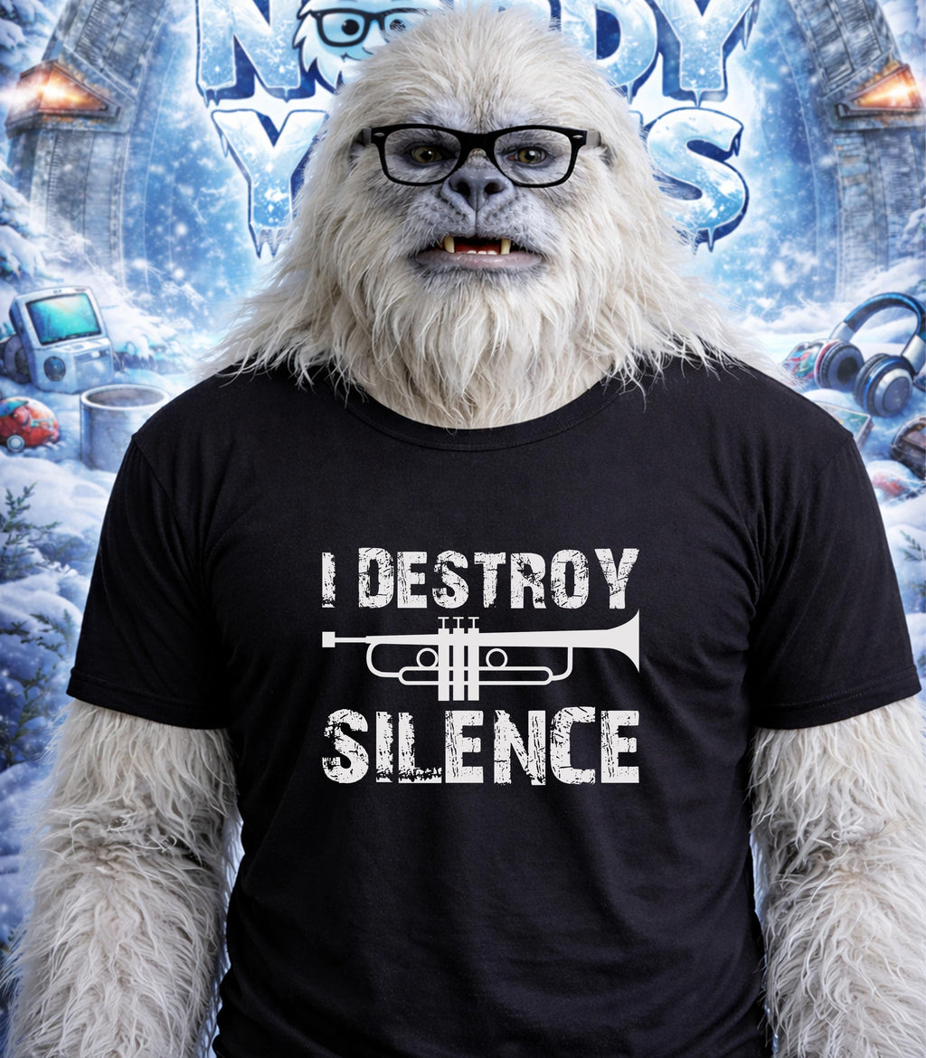 Yeti wearing glasses and a t-shirt that says "I DESTROY SILENCE".