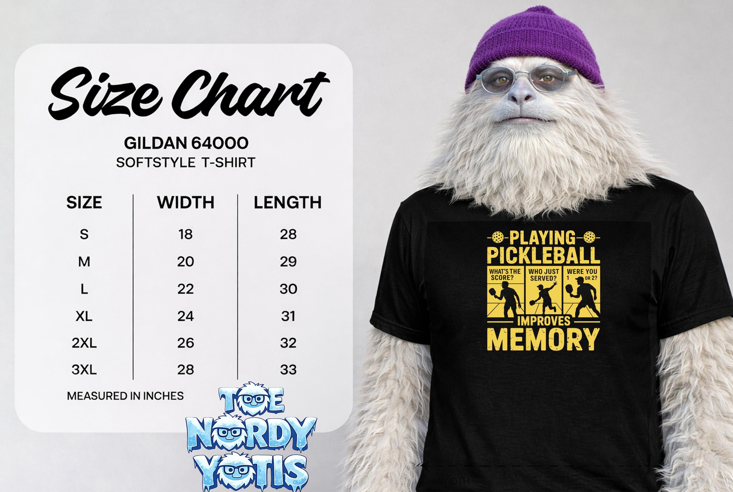 Gildan 64000 softstyle t-shirt size chart with pickleball graphic.