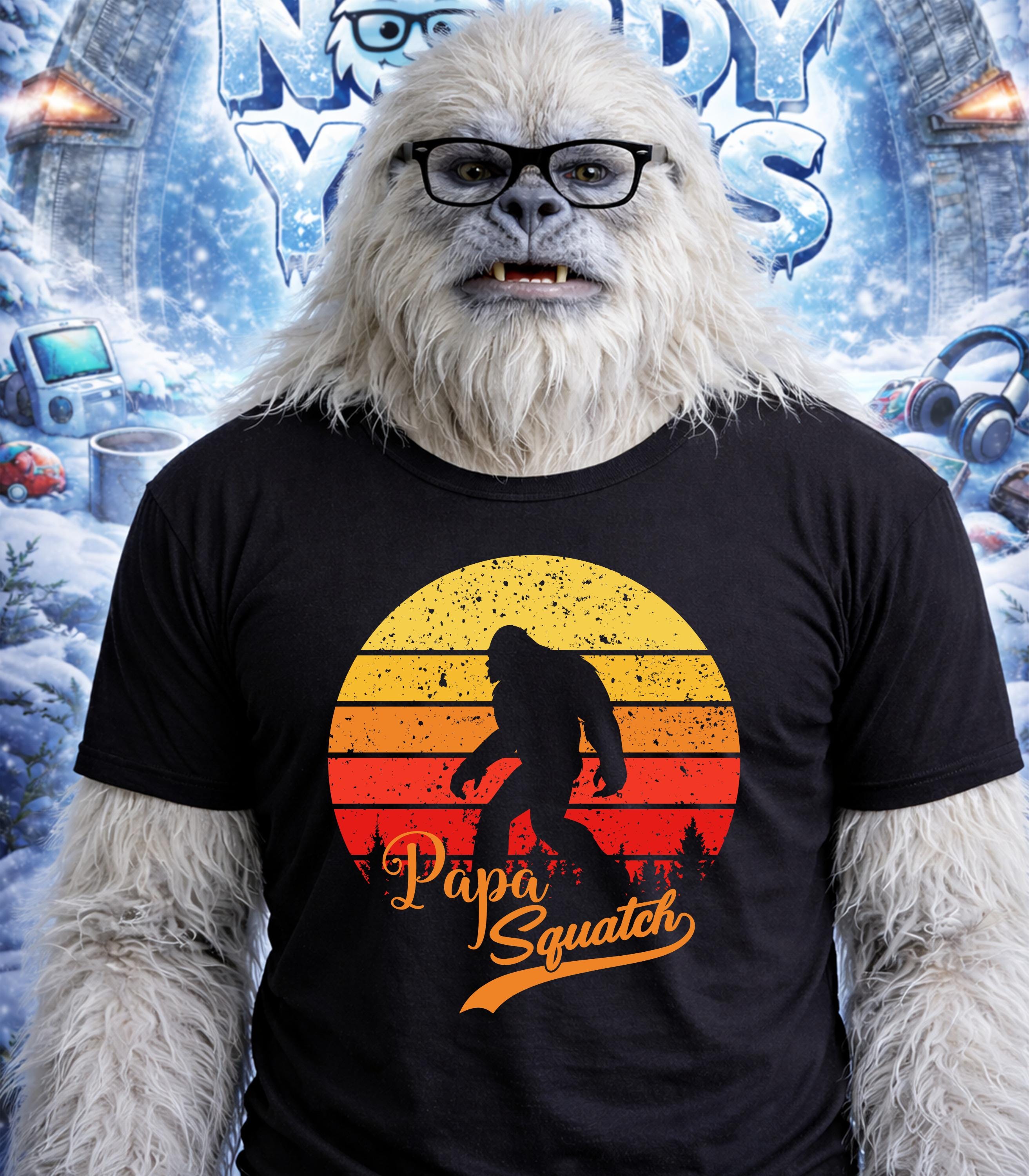 Yeti wearing glasses and a "Papa Squatch" t-shirt against a snowy background.